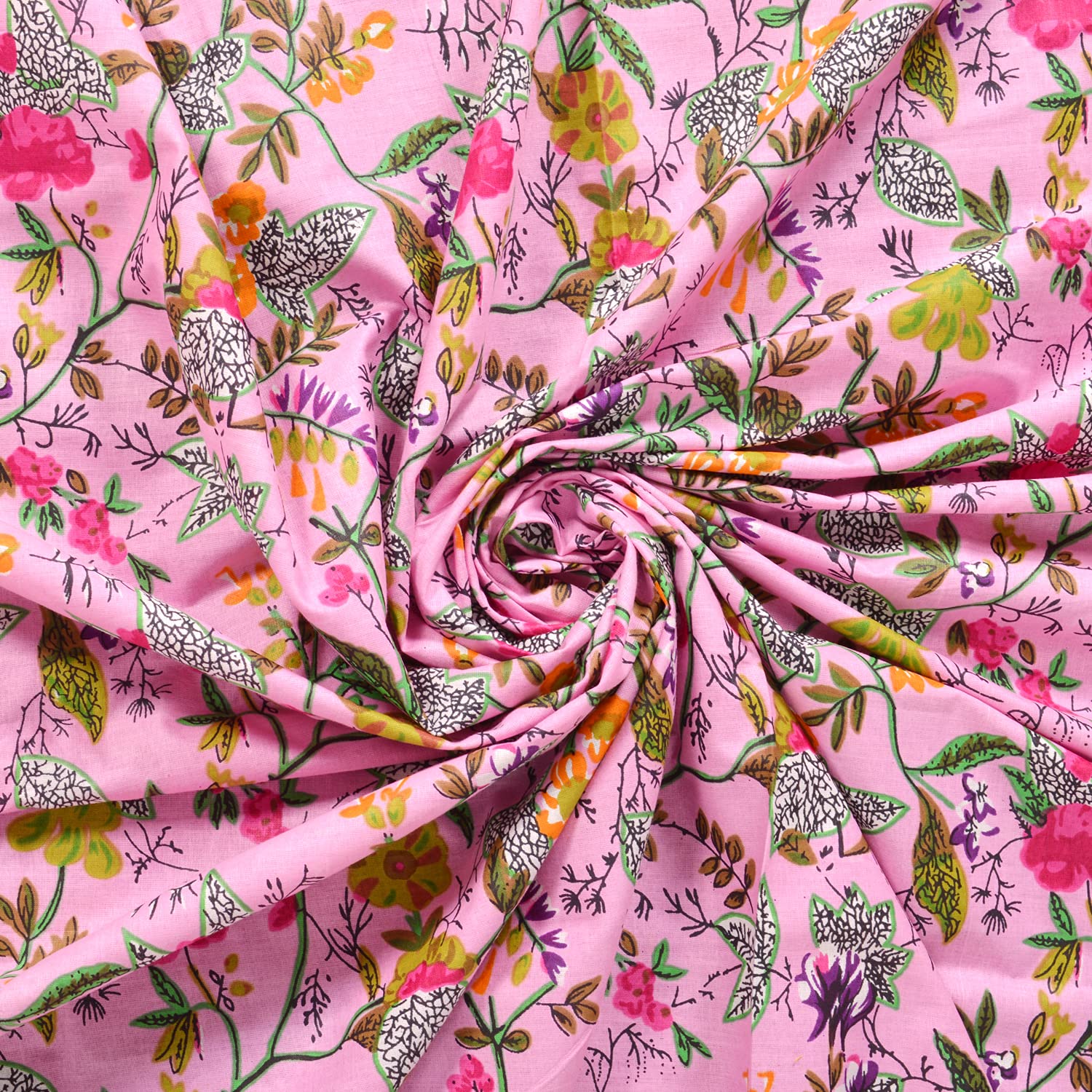 Indian Handmade Floral Printed Cotton Hand Block Voile Dressmaking Running Fabric, Paradise Printed, Sewing Fabric, Sanganeri Craft Fabric. (10 Yard, Pink)