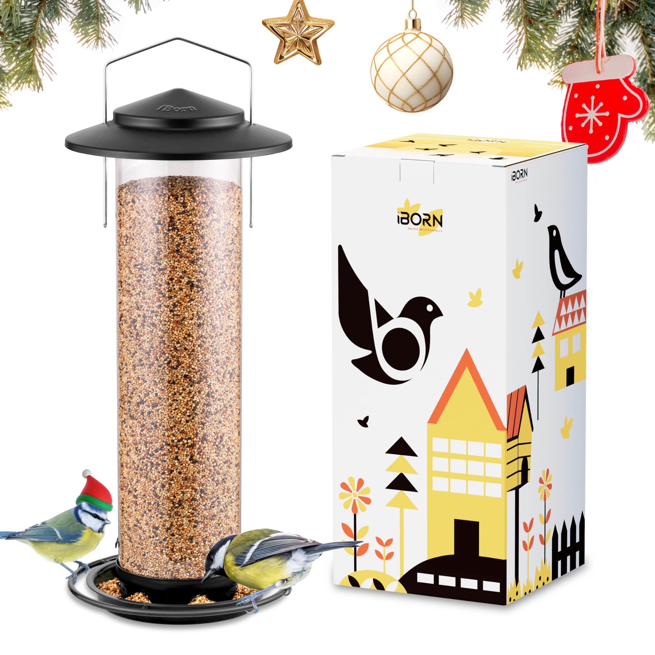 iBorn Metal Bird Feeder for Outside Hanging,Wild Bird Feeders for Cardinal,18cm Large Roof&Black,44CM Long,4.5lb High-Capacity(Seed is not Included)