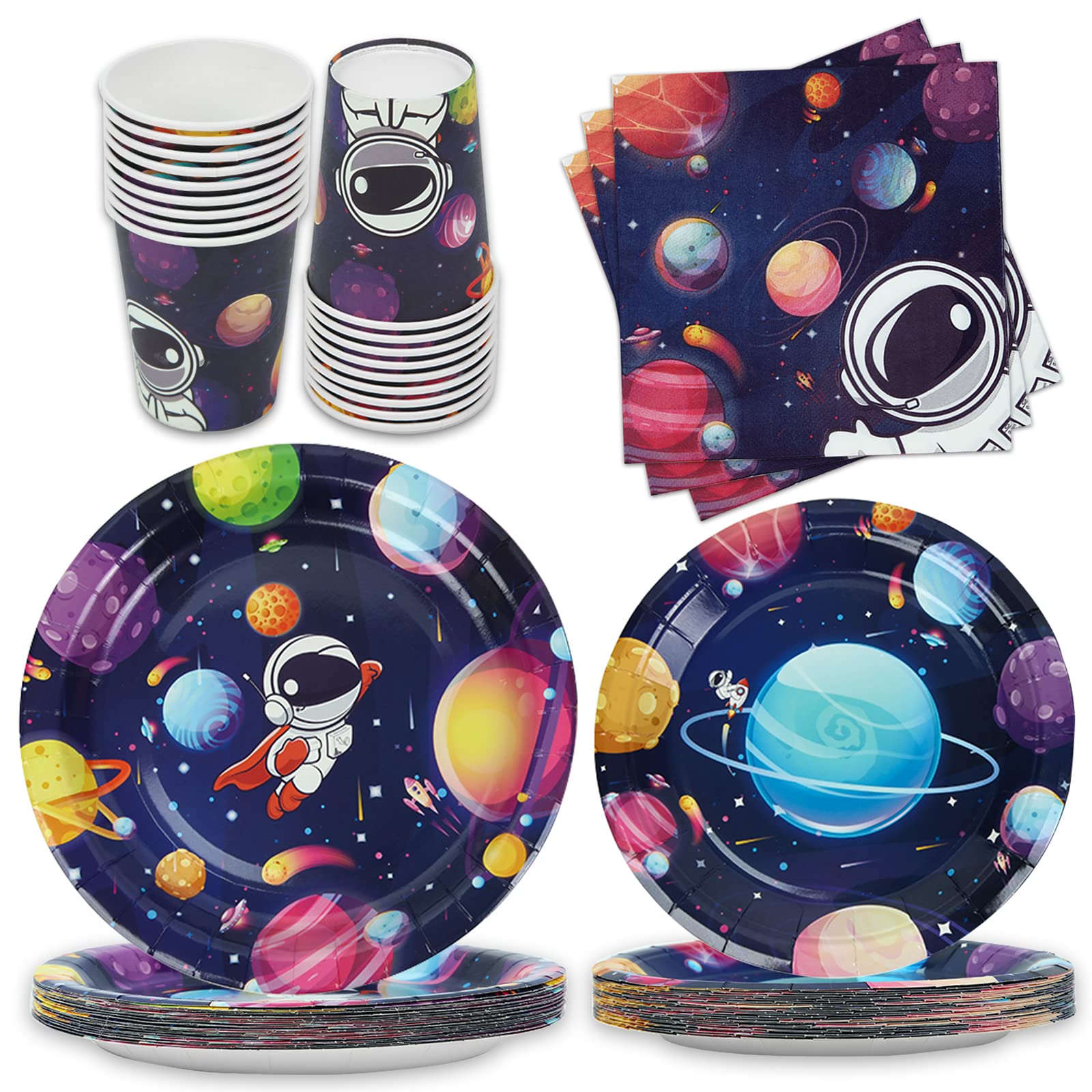 96pcs Outer Space Party Supplies Astronaut Party Decorations Galaxy Paper Plates Napkins Cups Planet Birthday Party Tableware Paper Disposable Plates for Boy Girl Serves 24