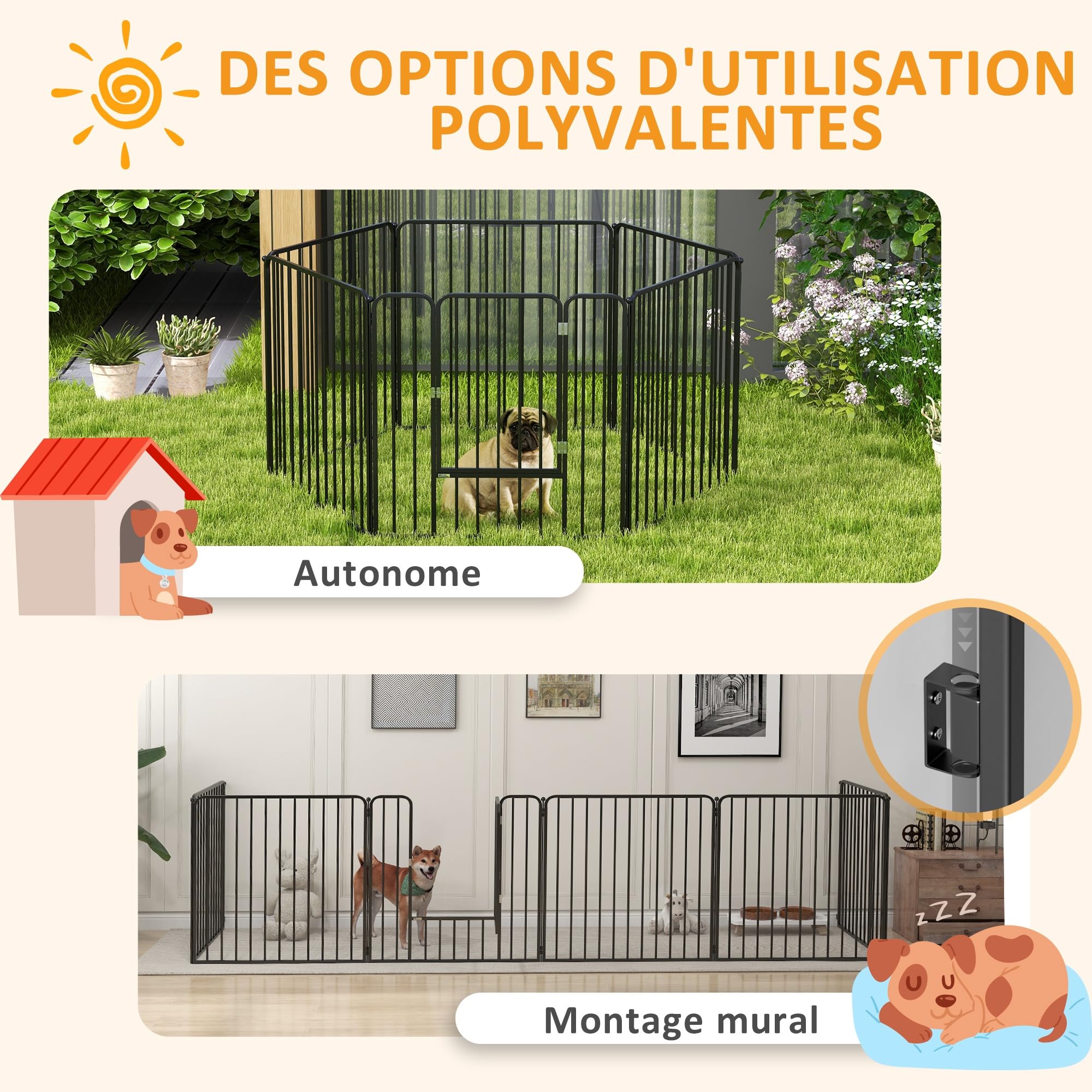 PawHut Parc Enclos Modulable pour Chien, Chiot, 1 Porte, 80 x 80 cm Noir | Clôture, 6 Panneaux, Parc de Jeu et d'Exercice en Acier, Chiens, Chiots, Animaux de Compagnie, Hauteur 80 cm