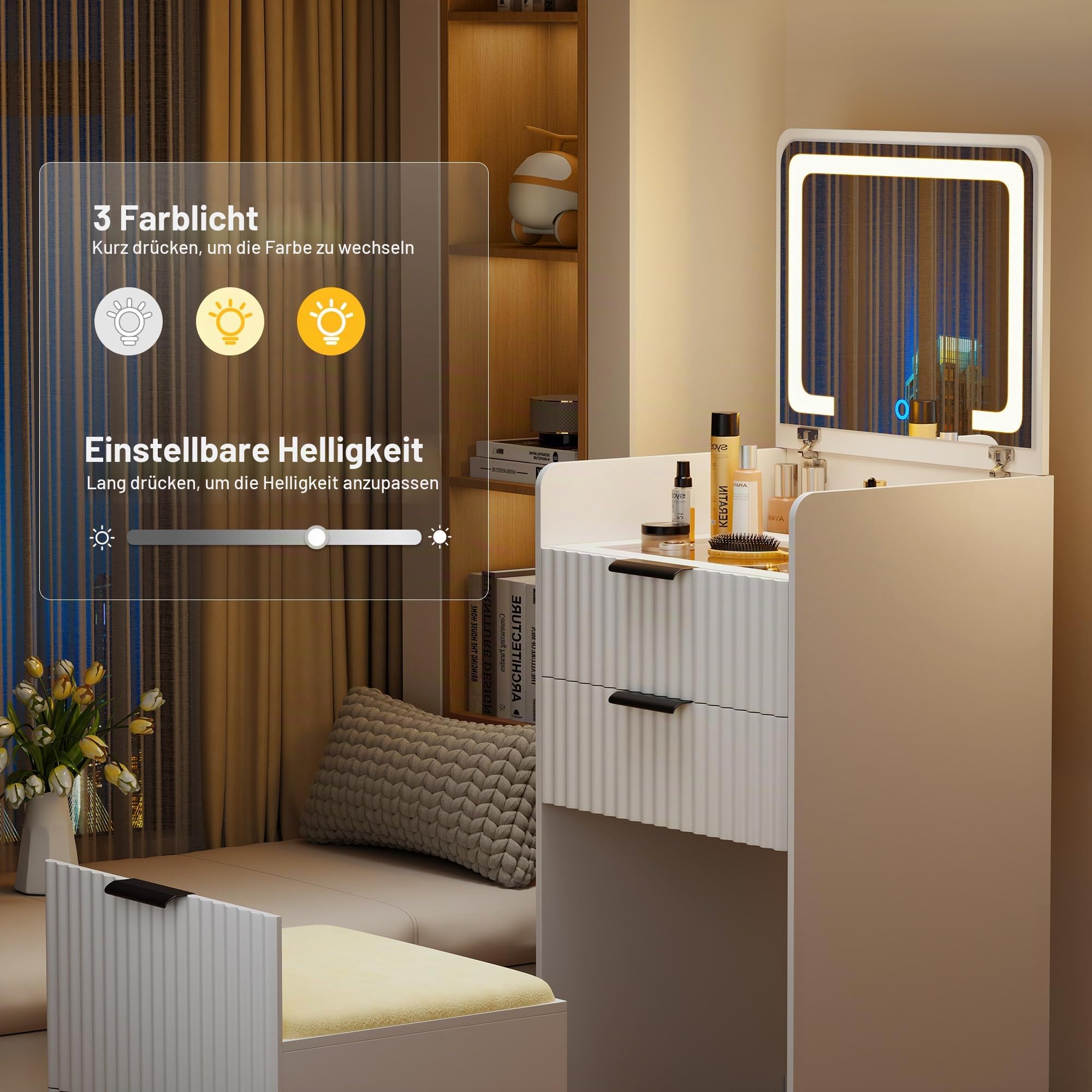 Lvifur Schminktisch mit LED-Spiegel,LED Schminktisch mit 3 Schubladen,Eckschminktisch mit Platz sparen,Dressing Table für Schlafzimmer,Wohnungen,Schlafsäle