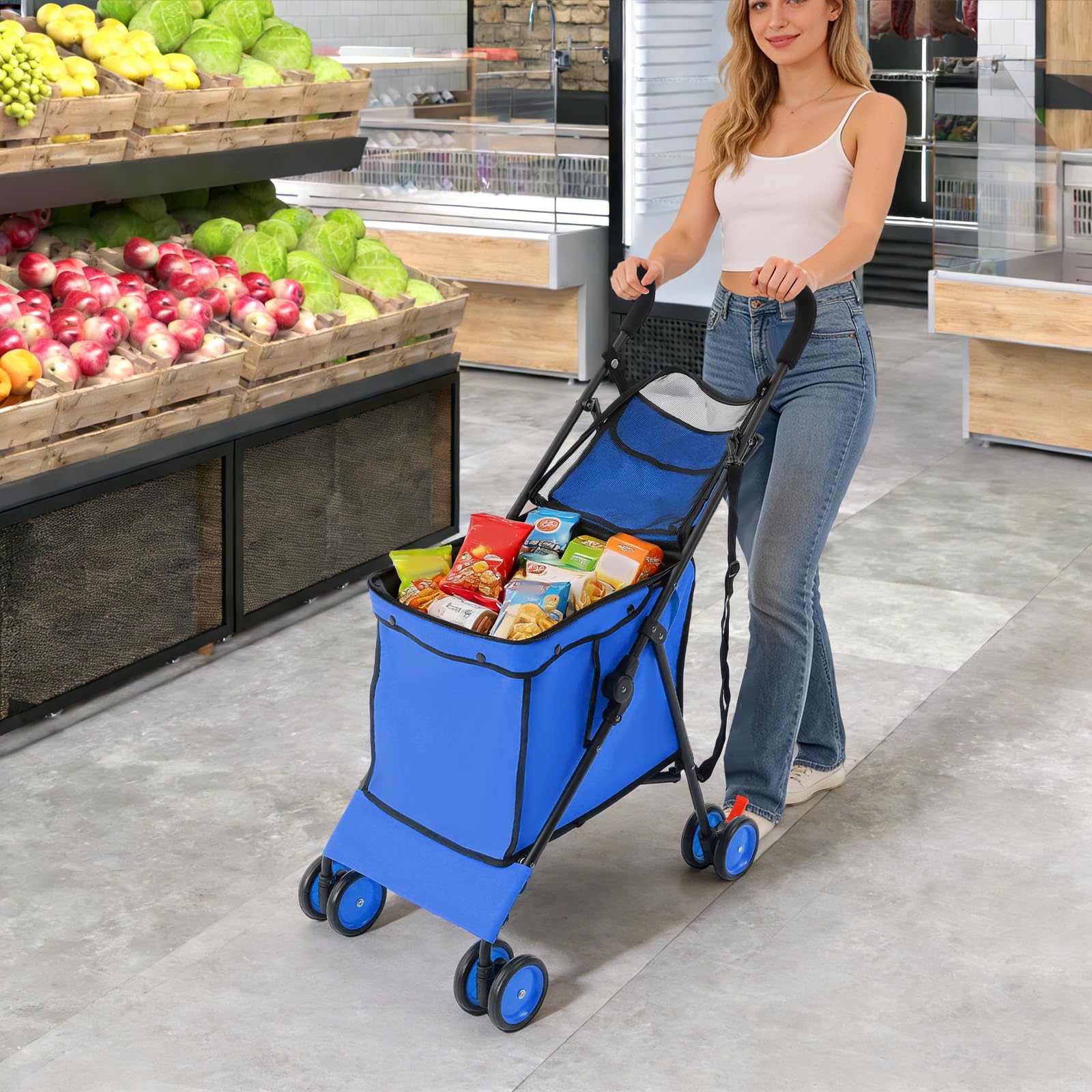 Faltbarer Hundetransportbox mit Rollen und Trolley-Funktion, bis 70kg, multifunktionaler Faltwagen mit 4 Rollen für Reisen und Ausflüge (Blau)