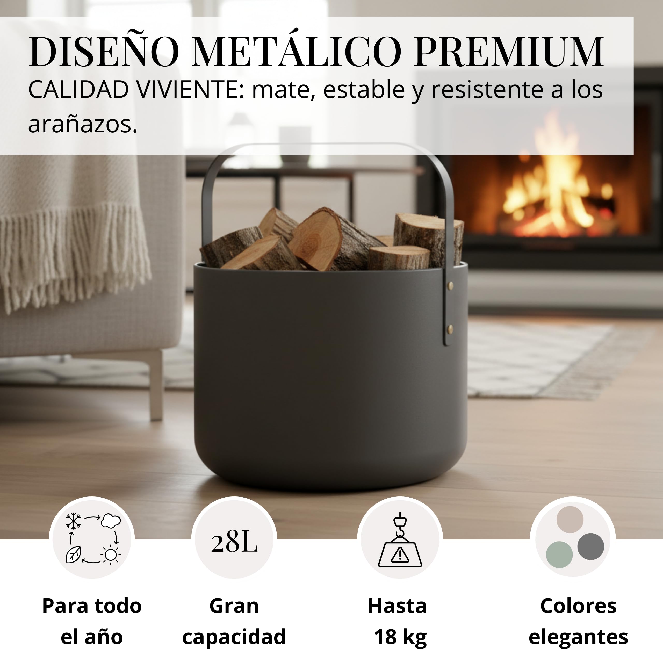 Cesta de diseño LIVLIG para leña de metal, cesta de madera para leña con asa, gran cesta para leña de 36 x 44 cm, cesta de leña como accesorio para chimenea, cesta de almacenamiento con aspecto mate
