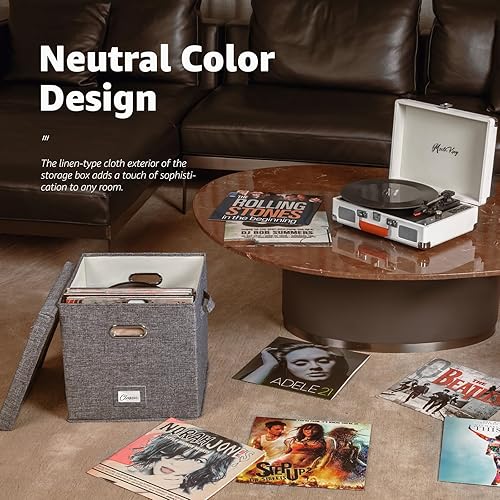 Miniatura 7 de Juego de 2 cajas de almacenamiento de discos de vinilo almacenamiento para discos de vinilo con capacidad para más de 100 LP, contenedores