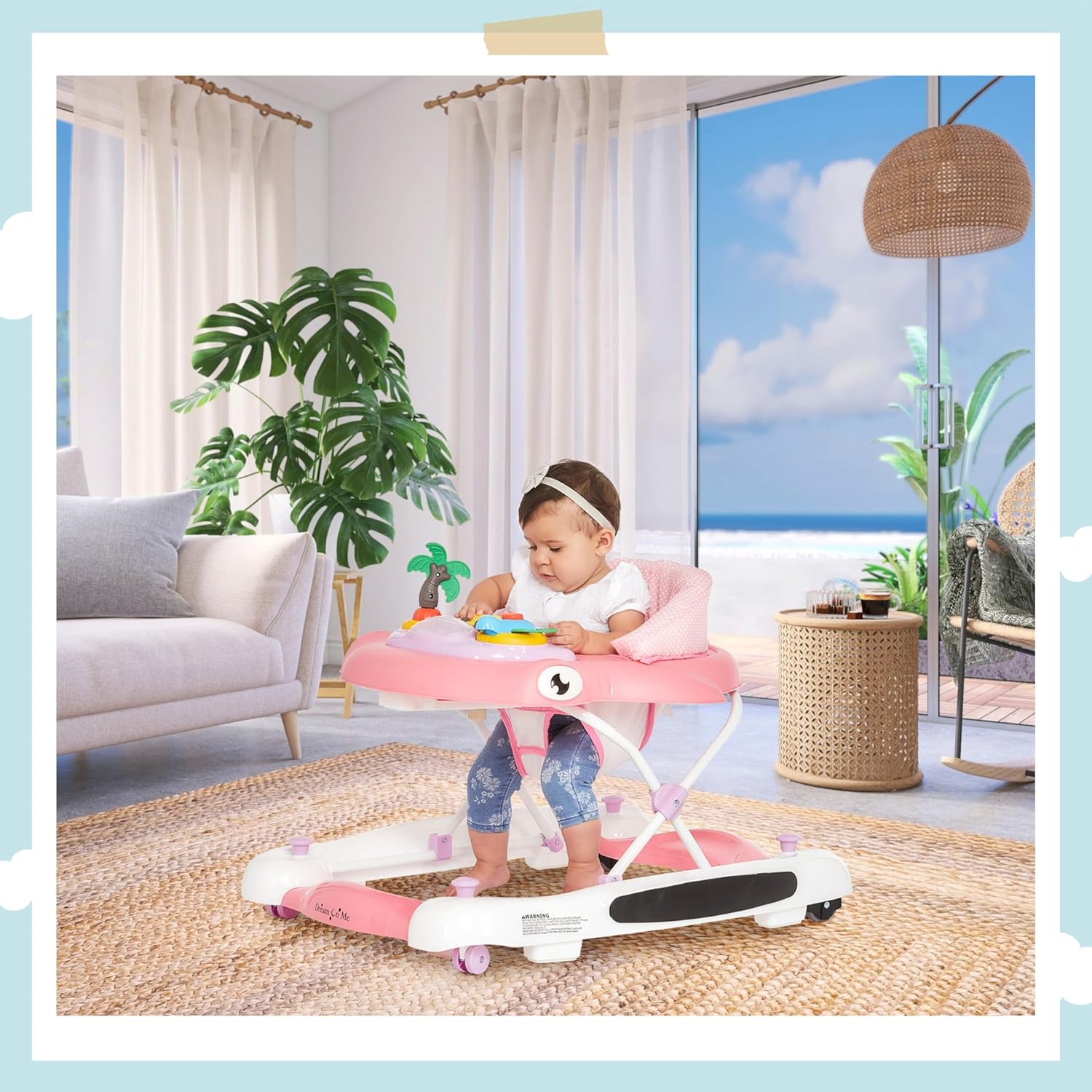 Dream On Me Solid Times High Chair for Babies and Toddlers in Black, Multiple Recline & 2-in-1 Aloha Fun Baby Walker in Pink, Easily Convertible Baby Walker