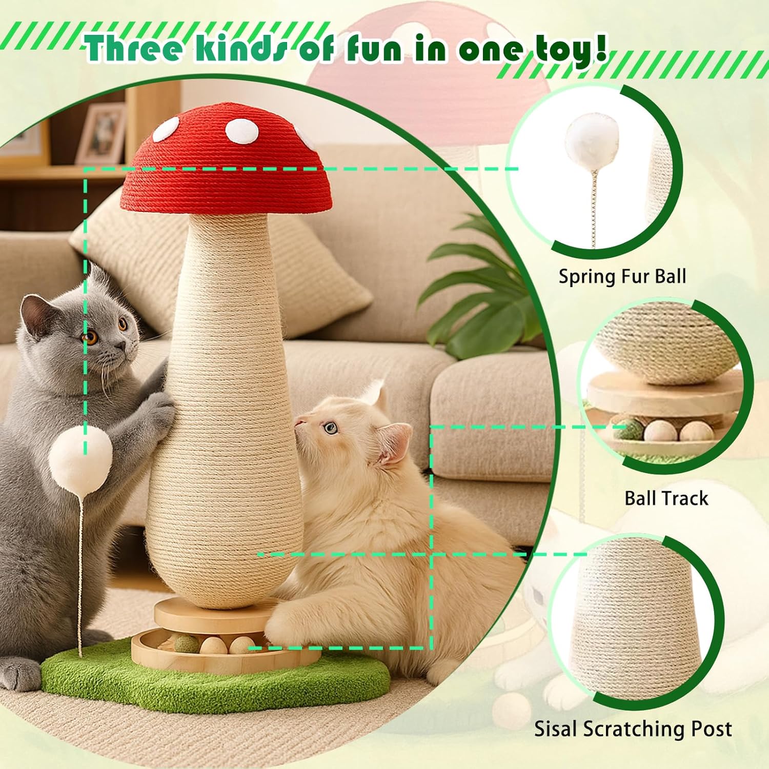Mushroom Cat Scratching Post, Cat Scratcher with Interactive Ball Track & Spring Ball Toys, Sisal Scratcher for Indoor Cats Kittens, Stable Base, Kitty Tree Tower - Red 25.2''