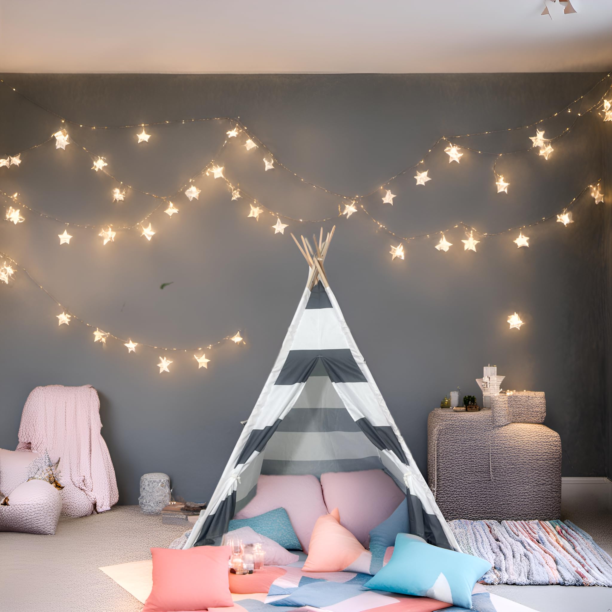 Benebomo Tipi prop Tent, Grey and White Stripes, Teepee Play Tent,India wigwam tent garden Outdoor,Indoor Playhouse,43 * 43 * 55in - Image 4