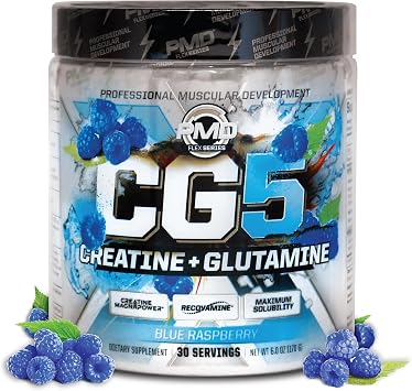 PMD Sports CG5 - Premium Creatine & L Glutamine Powder - Maximum Strength Power Recovery, Build Lean Muscle, Increase Workout Performance - Pre Workout & Post Workout - Blue Raspberry 30 Serv