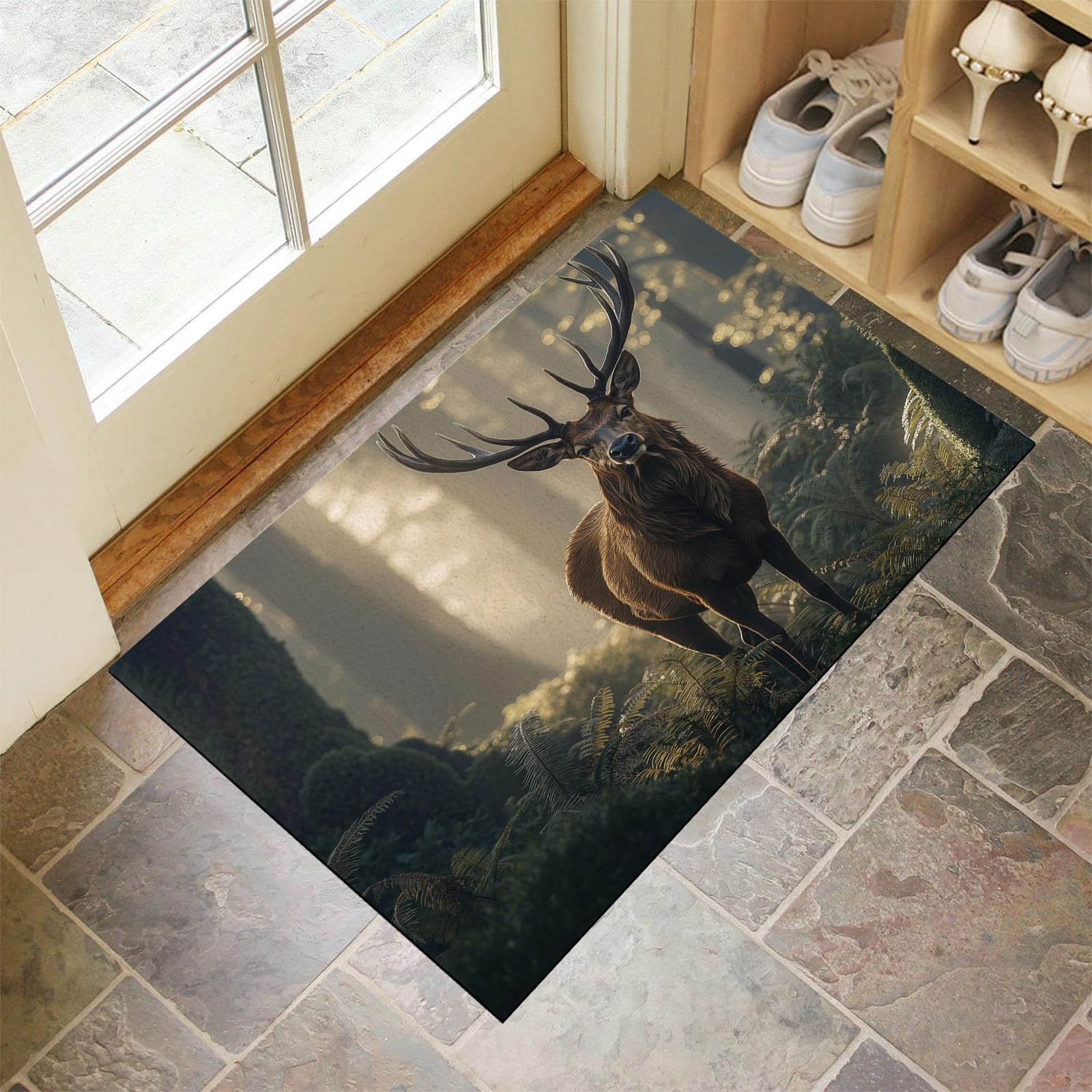 Fußmatte mit Hirsch Im Nebelwald für den Innenbereich, Nordische Waldtiere Waschbare rutschfeste Teppichmatte für Eingangsbereich, Fußabtreter Innen für Terrasse Flur, 80x120cm