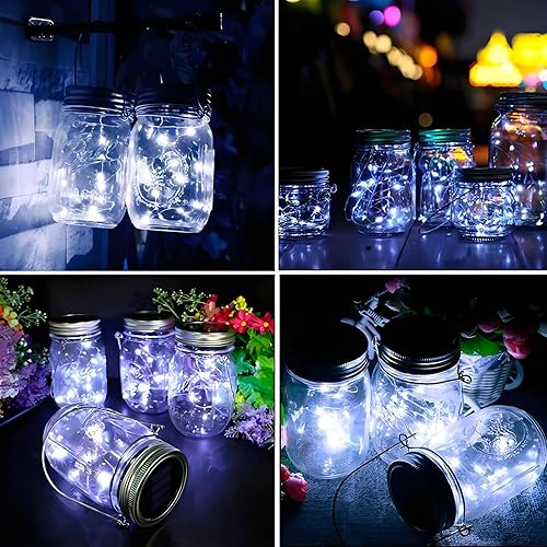 Miniatura 3 de VOOKRY Paquete de 6 luces solares para tarros de masón, 30 tapas LED para tarros de masón, impermeables, con 6 ganchos (sin tarros), para patio al