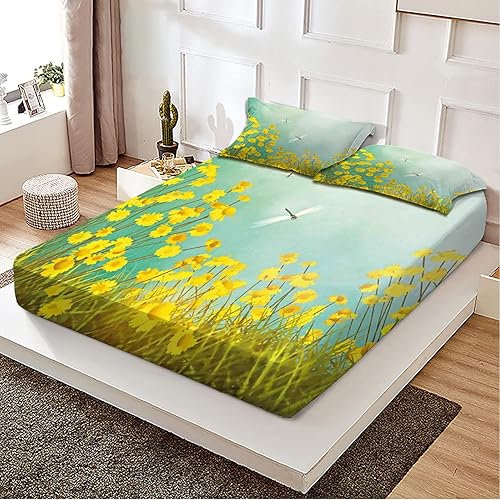 Sábanas bajeras ajustables con temática de libélula, diseño de margaritas y libélulas, juego de ropa de cama decorativo de 2 piezas, ultra suave y