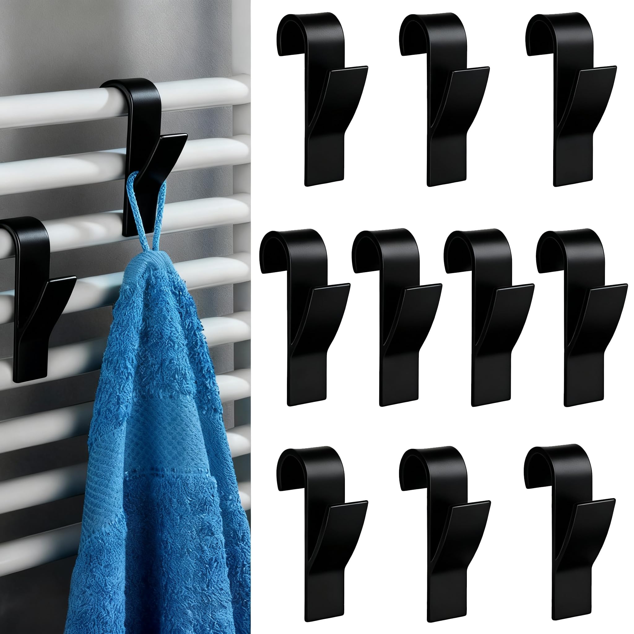 anyuan boy 10 Pcs Over Radiator Towel Hooks Removable Bathroom Hooks for Towel Radiators Radiator Hooks for Towels, All Standard Radiators (Black)