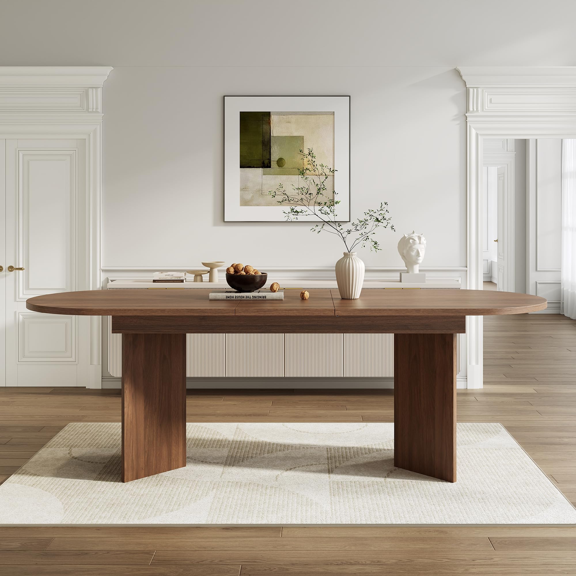 Mesa de Comedor Extensible Ovalada, 160/200 x 90 cm, Mesa de Comedor de Estilo Simple, Mesa de Cocina para 6-8 Personas, Tapa Gruesa, Esquinas Redondeadas, Color Nogal