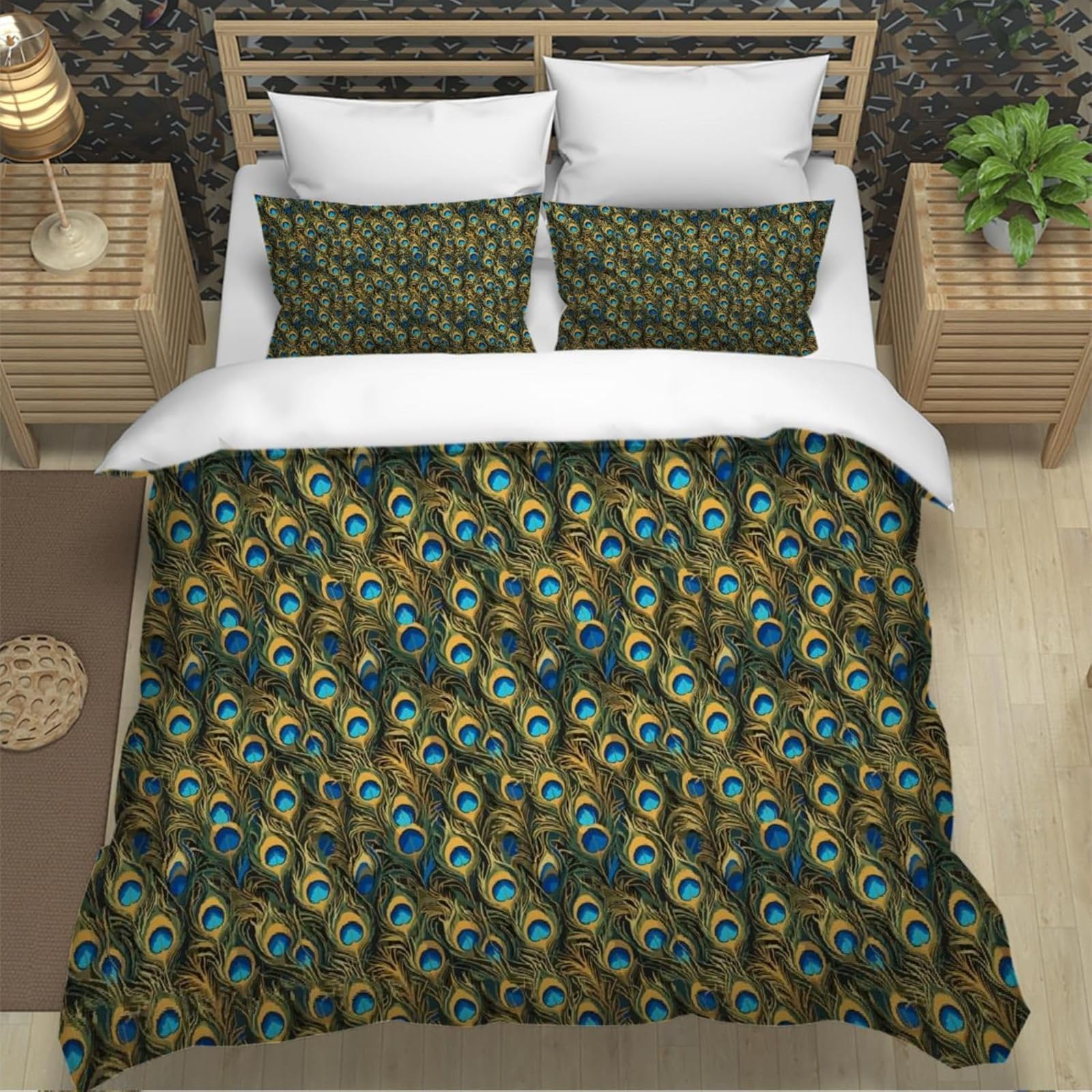 Housse de couette respirante 240x260 en microfibre douce motif plumes de paon pour grand lit
