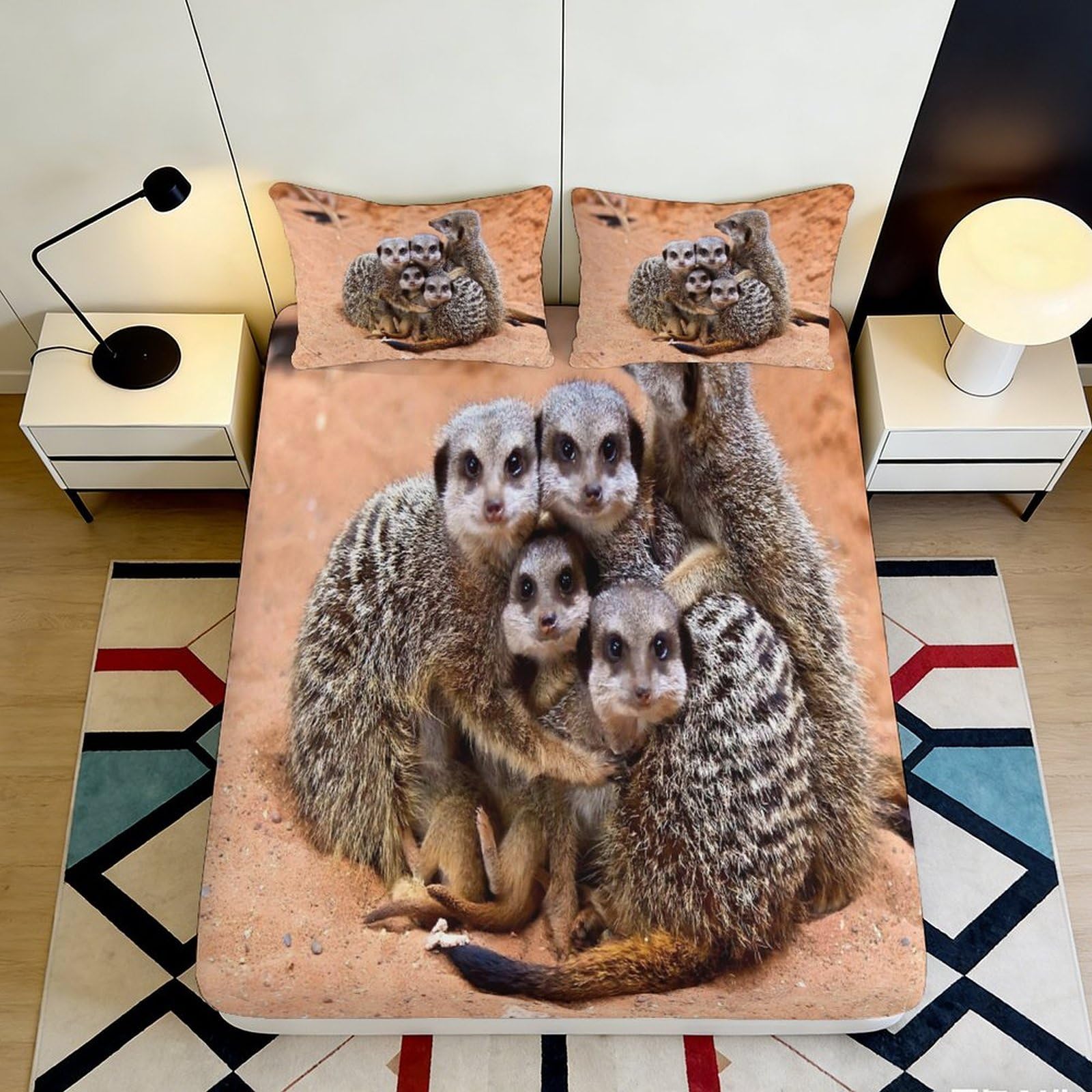 3D Printed Meerkat Family Fitted Sheet Microfiber Soft Brown Animal Mattress Cover for Bedroom Guest Room Decor 90x200x25cm