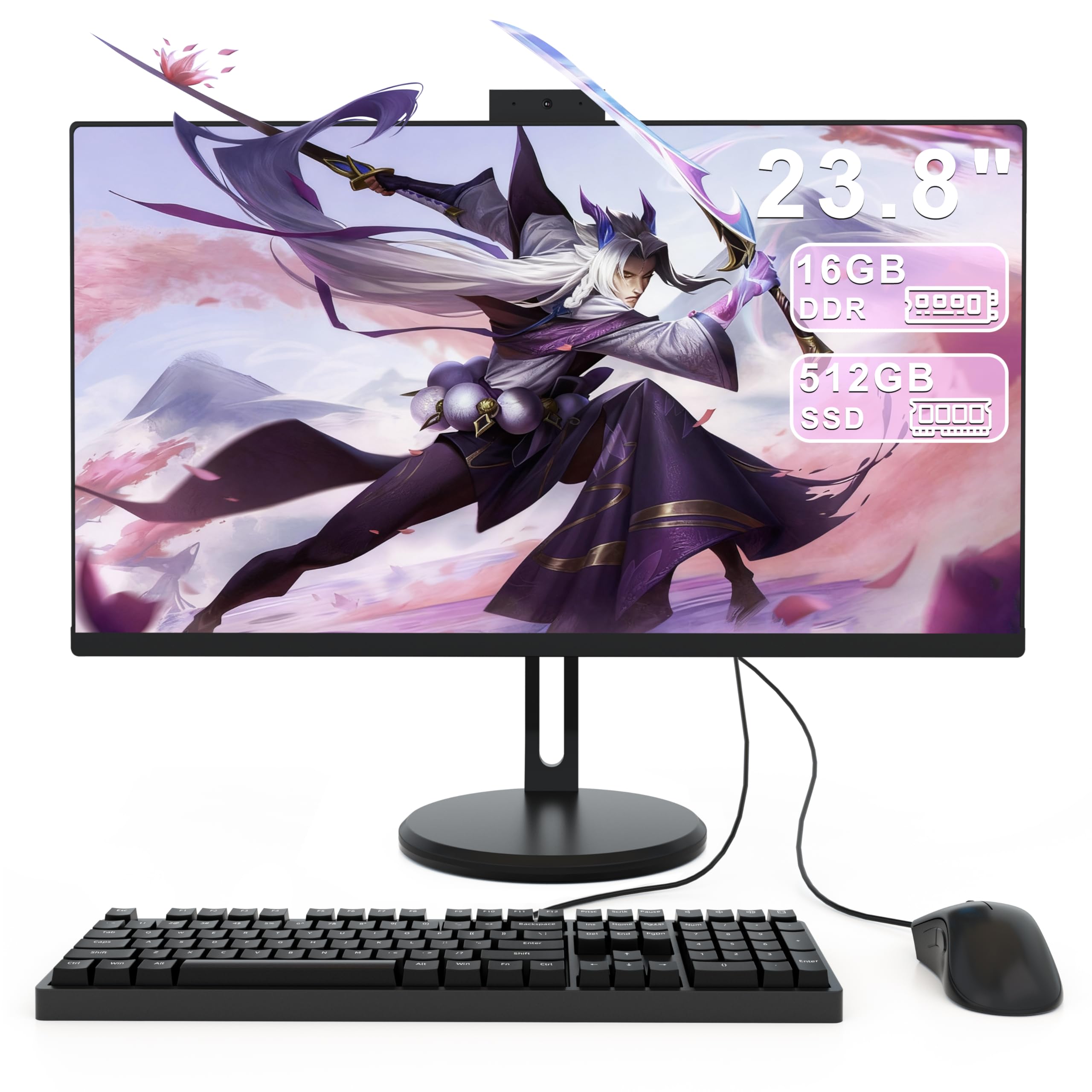 Ordinateur Tout-en-Un 23,8 Pouces IPS, i5, 16Go DDR, SSD 512Go, caméra rétractable, Wi-FI Bluetooth, Nombreux Ports, Clavier et Souris Inclus，Idéal pour Le Bureau et la Vie Quotidienne