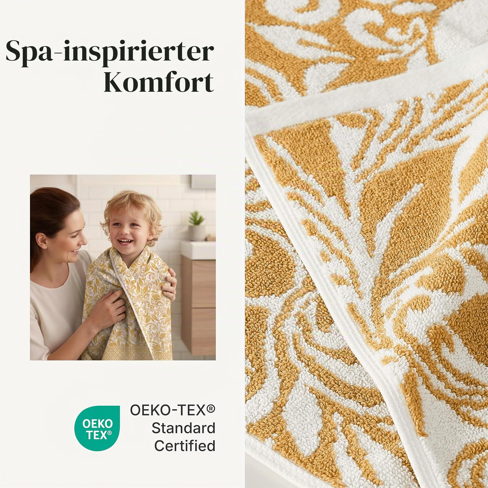 Modern Threads Trefoil Filigran 6er-Handtuch-Set, 100% Baumwolle, Wendedesign mit garngefärbtem Jacquard, 2 Bade-, 2 Handtücher, 2 Waschlappen, saugfähig, schnelltrocknend, weich und langlebig, Gold