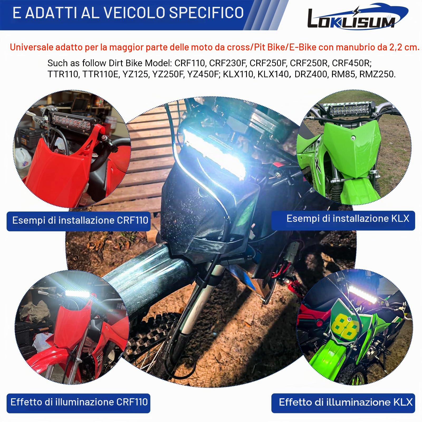 Faro Anteriore per Moto da Cross 60W 2500LM con Interruttore per Manubrio da 7/8" 22 mm, Compatibile con CRF110 KLX140 KLX110 TTR110 TTR110E KLX PW XR RM KX.