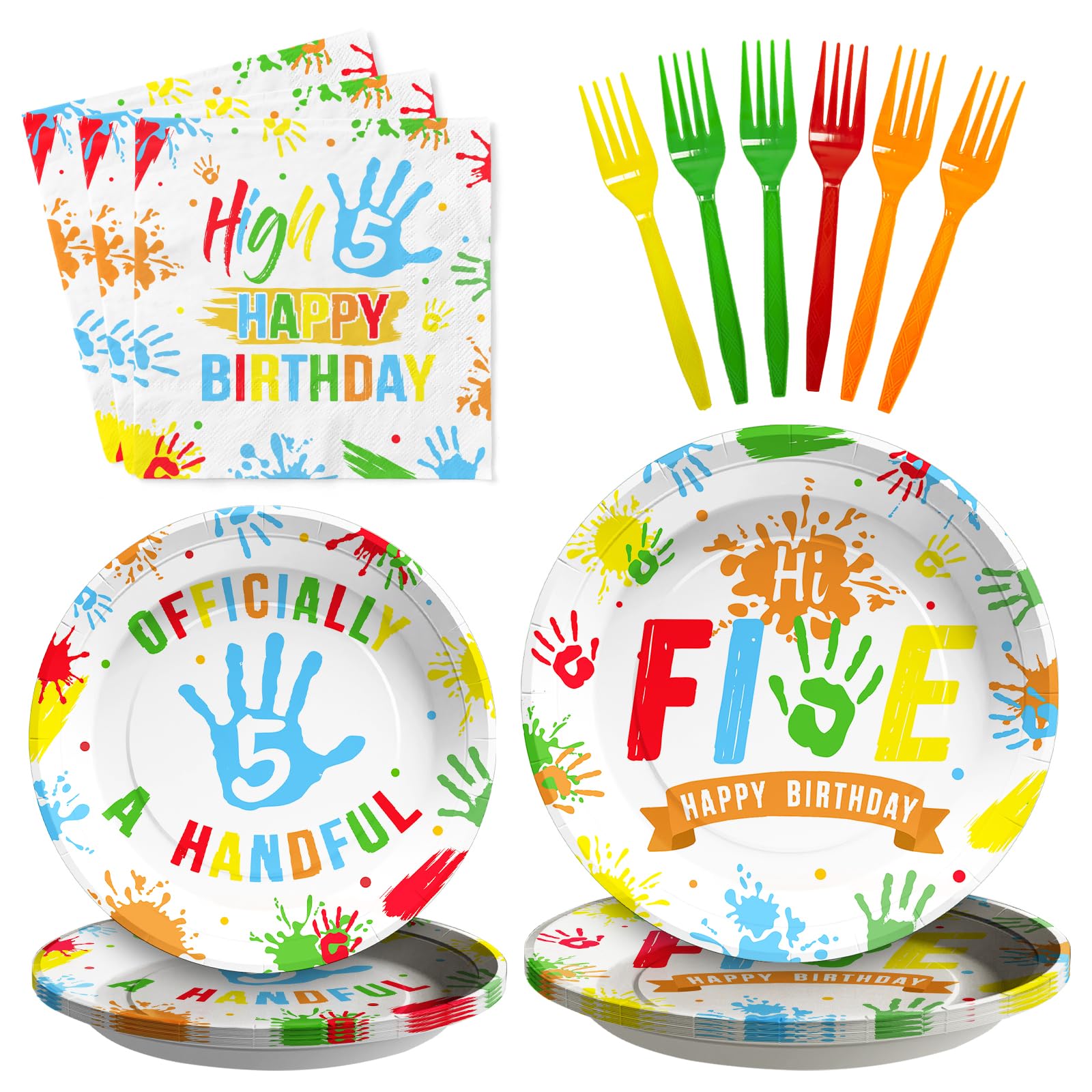 96Pcs Hi Five Birthday Decorations Colorful High Five Birthday Party Plates and Napkins Disposable 5 Year Old Tableware for Kids Boys Girls 5th Party