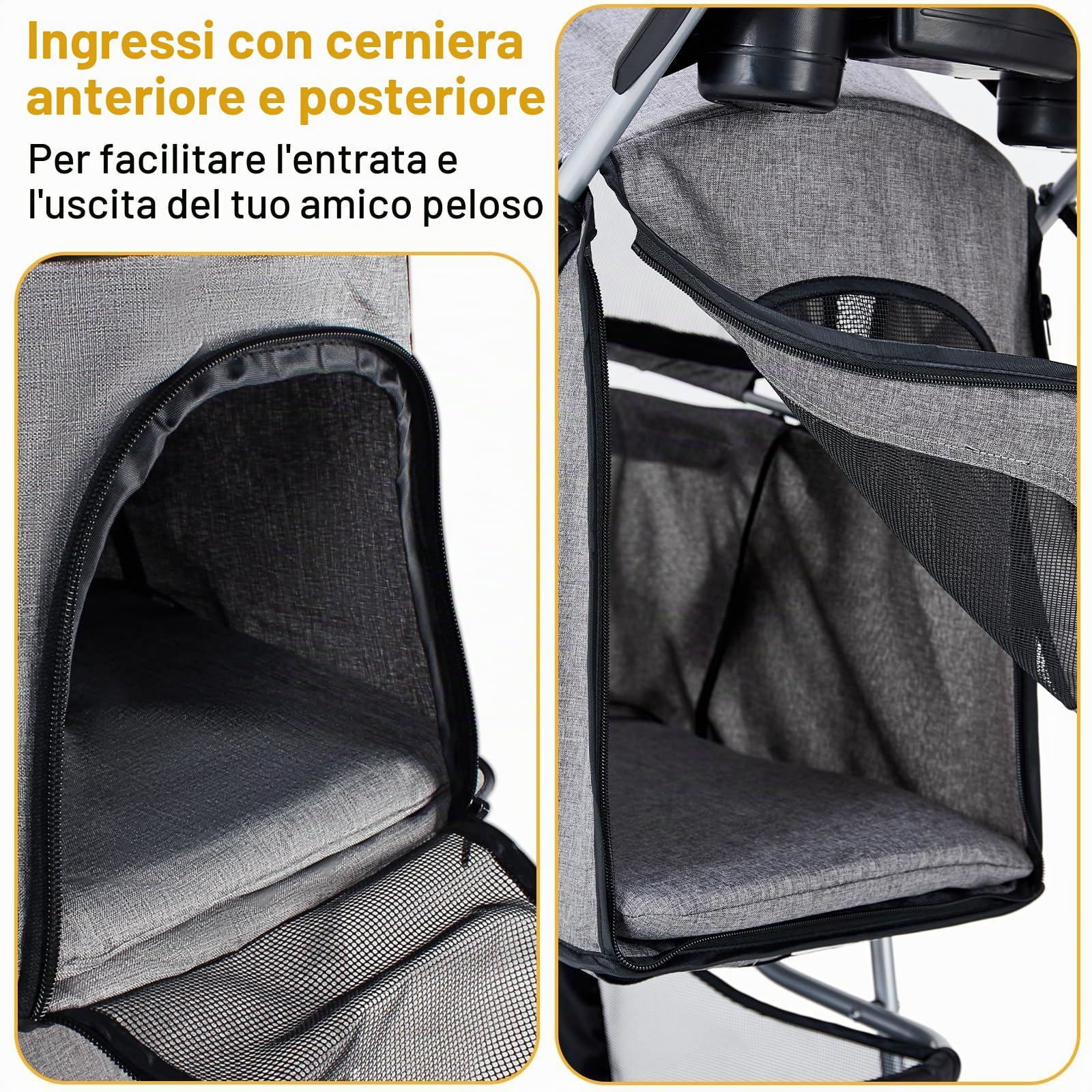Passeggino per Cani con Freni a Mano Singola e Copertura Antipioggia [Capacità 15KG] - Carrello Pieghevole per Animali Domestici, Carrozzina con Ruote Sicure (Ideale per Viaggi), grigio