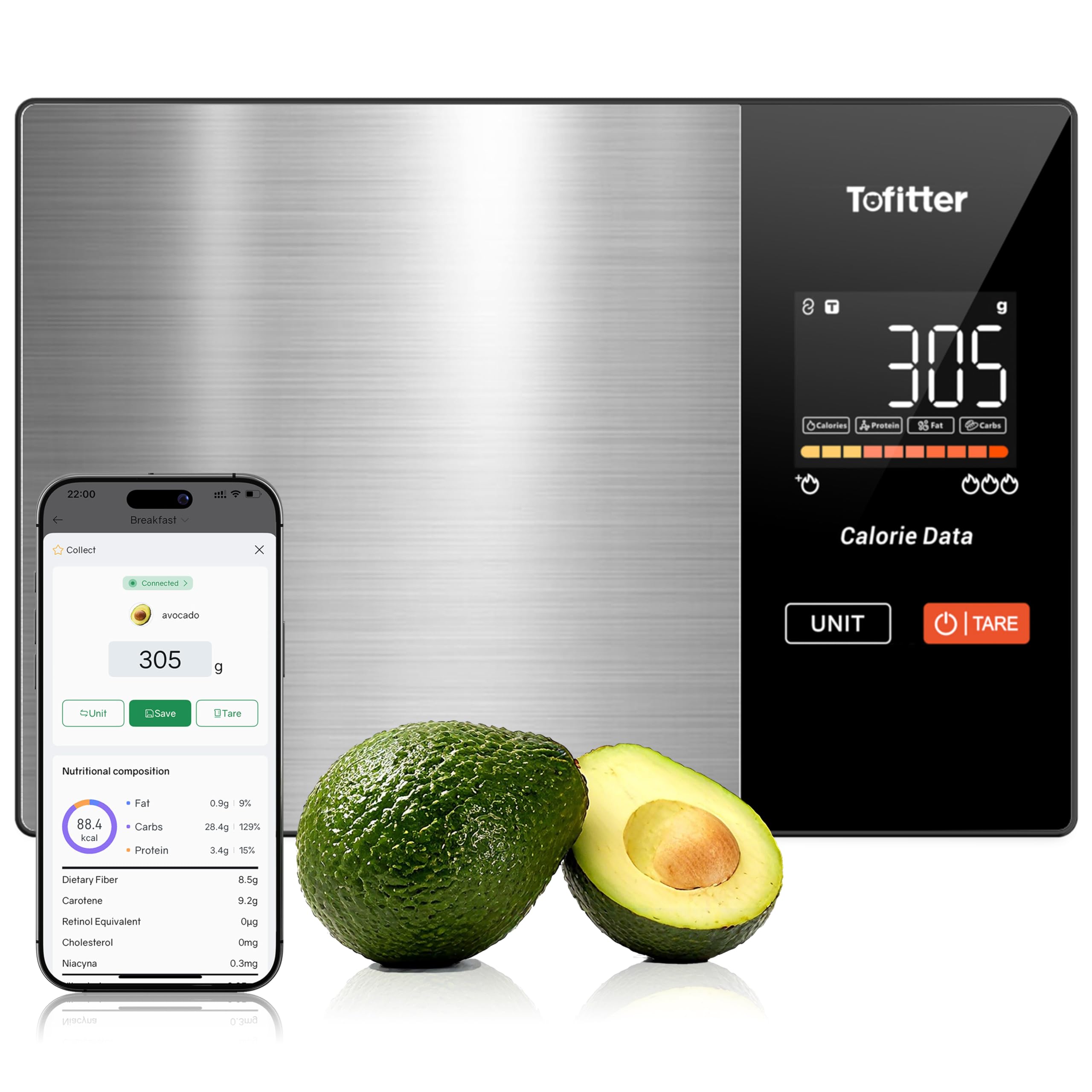 Smart Küchenwaage Bluetooth Ernährung Lebensmittelwaage mit kostenloser App Verfolgt 20 Nährstoffe&Kalorien 1g Präzision 5kg Kapazität Tara-Funktion - für Gewichtsverlust, Fitness, Backen