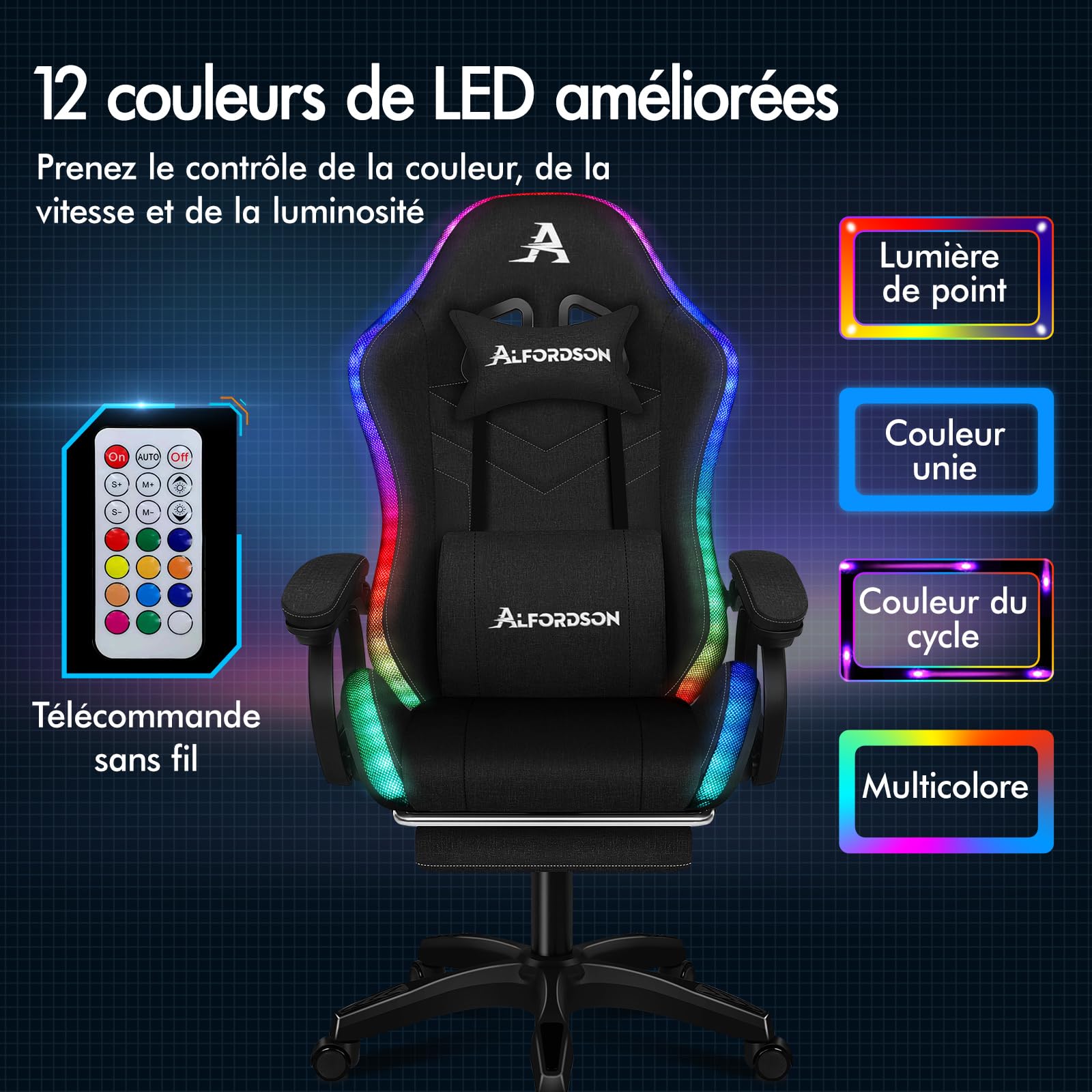 ALFORDSON Chaise de Gaming, Chaise de Joueur de Course avec Éclairage LED RVB, Fauteuil d'ordinateur Massant avec Repose-Pieds, Chaise Pivotante Ergonomique avec Dossier à Levier, Tissu, Noir