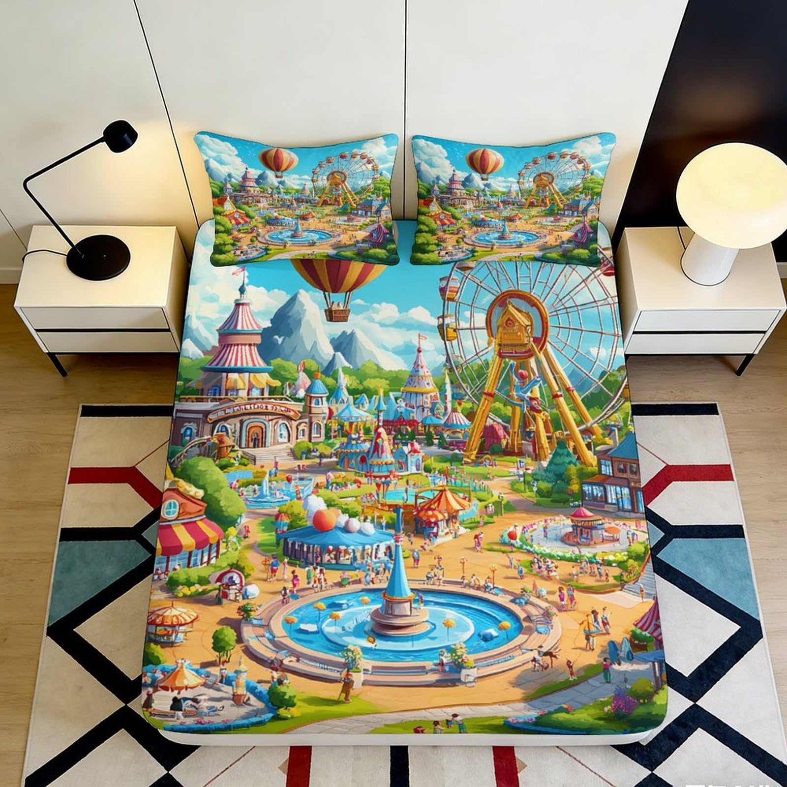 3D Printed Amusement Park Fitted Sheet Microfiber Carnival Ferris Wheel Mattress Cover for Bedroom Dorm Decoration 90x200x25cm