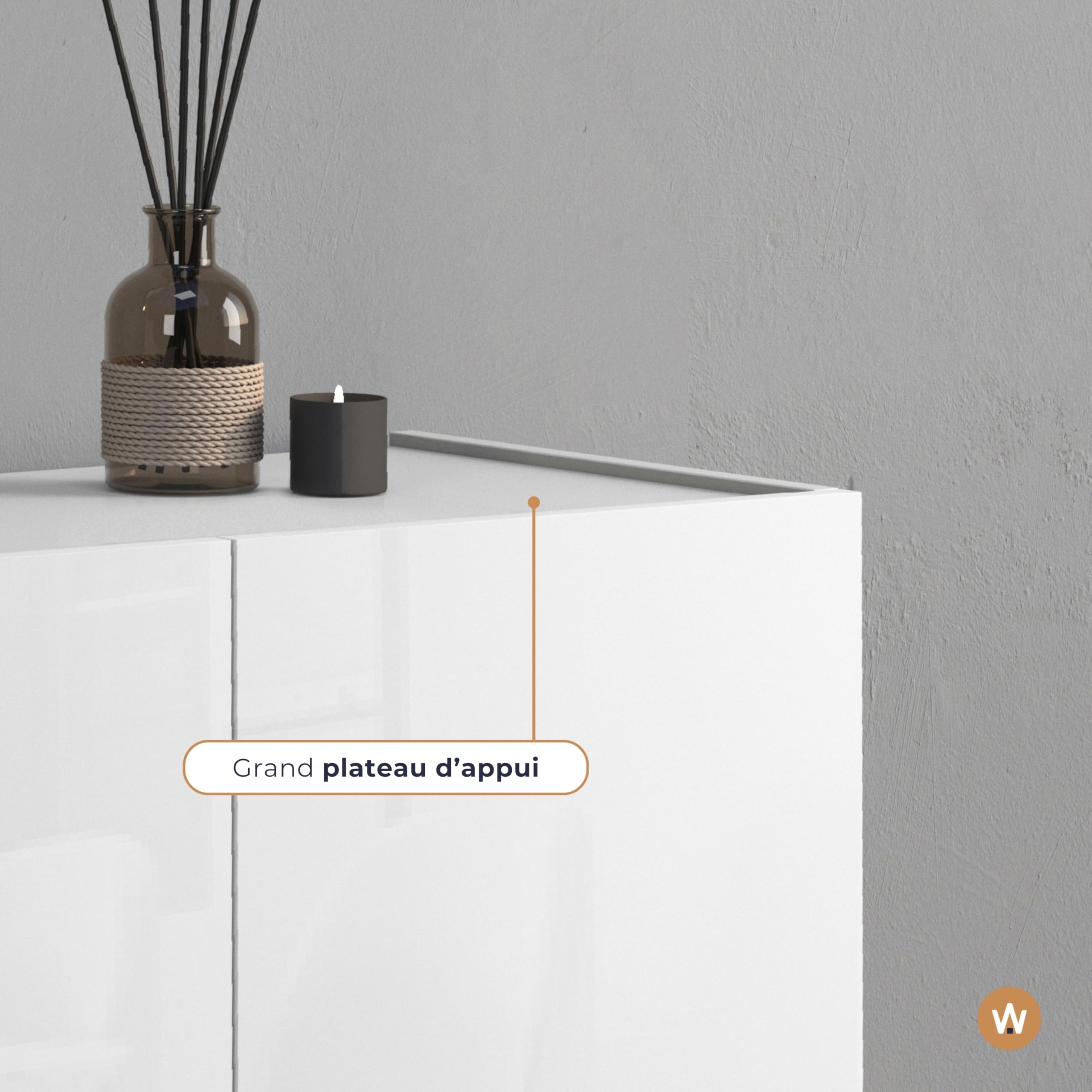 WHOUS Buffet Vela pour Salon avec 4 Portes et 8 Compartiments, bahut pour Salon, Cuisine et Salle à Manger, 100 x 35 x 120,4 cm, Couleur Blanc Brillant