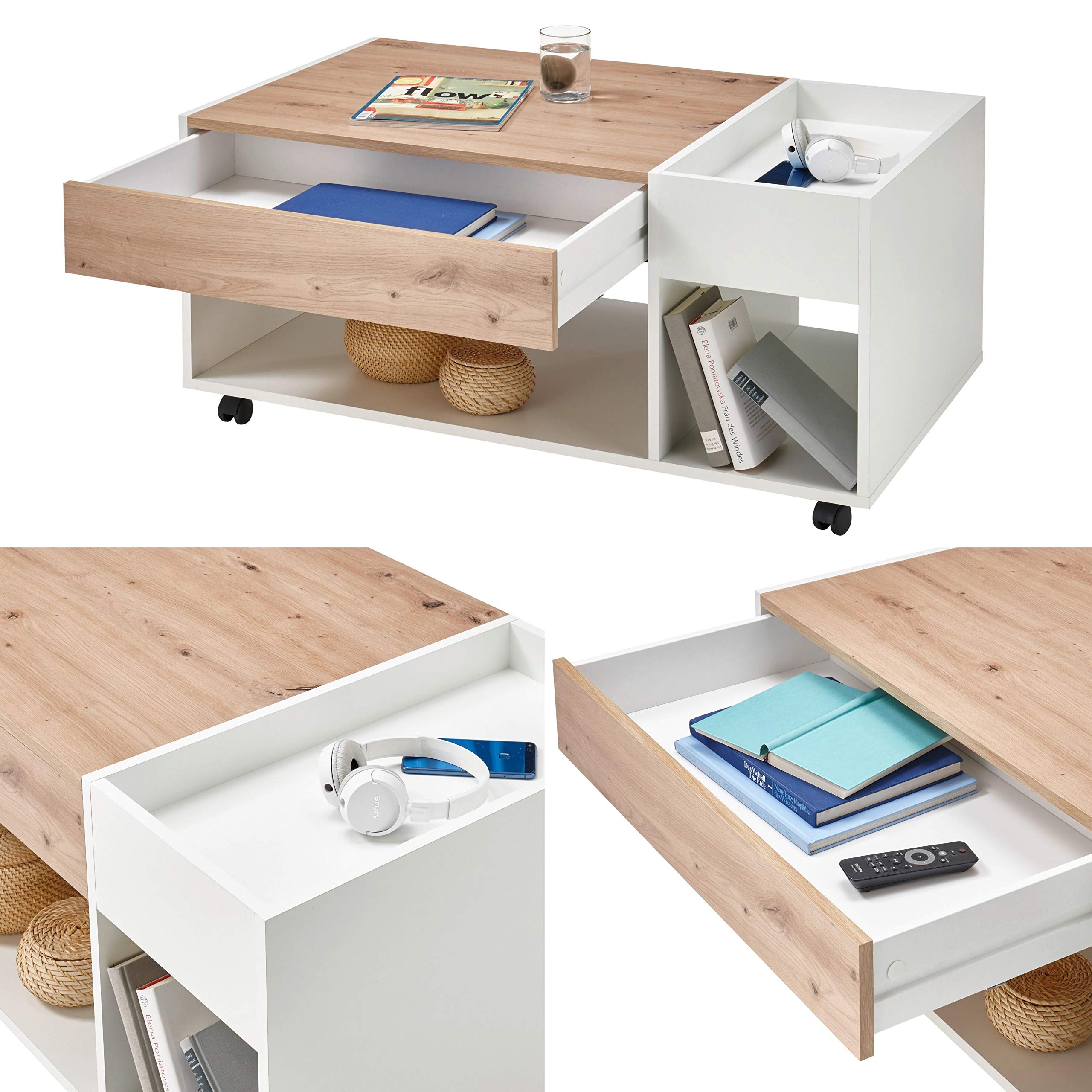 EMIL Couchtisch auf Rollen Artisan Eiche Weiß 110 x 44 x 60 cm (B/H/T) | Mobiler Sofatisch mit Ablagefach und Schublade, praktischer Beistelltisch für Wohnzimmer, Tisch auf Rollen