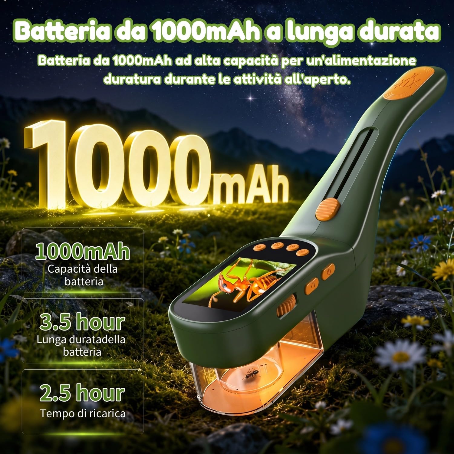 Cattura Insetti Bambini, Microscopio 500X IPS 2,4" 1080P STEM | 4 livelli di luminosità, batteria da 1000 mAh, foto e video, giocattolo di ricerca all'aperto, regalo per bambini dai 3 anni