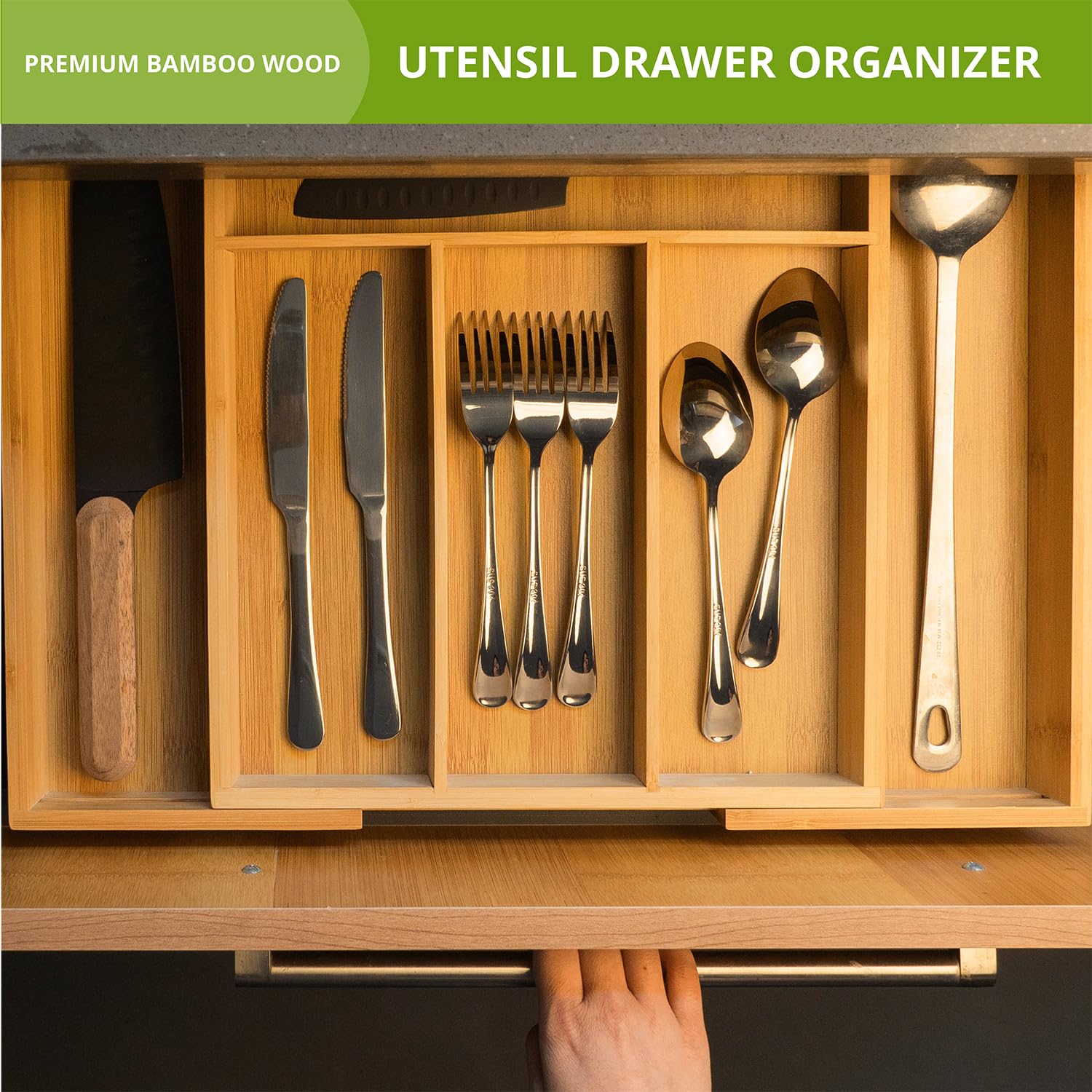 Premium Bambus Küchenschublade Organizer Perfekt für die Aufbewahrung von Besteck, Besteck und Gadgets Geeignet für Küchen, Wohnzimmer und Schlafzimmer 5-7 Fächer, 13 bis 49,8 cm breit