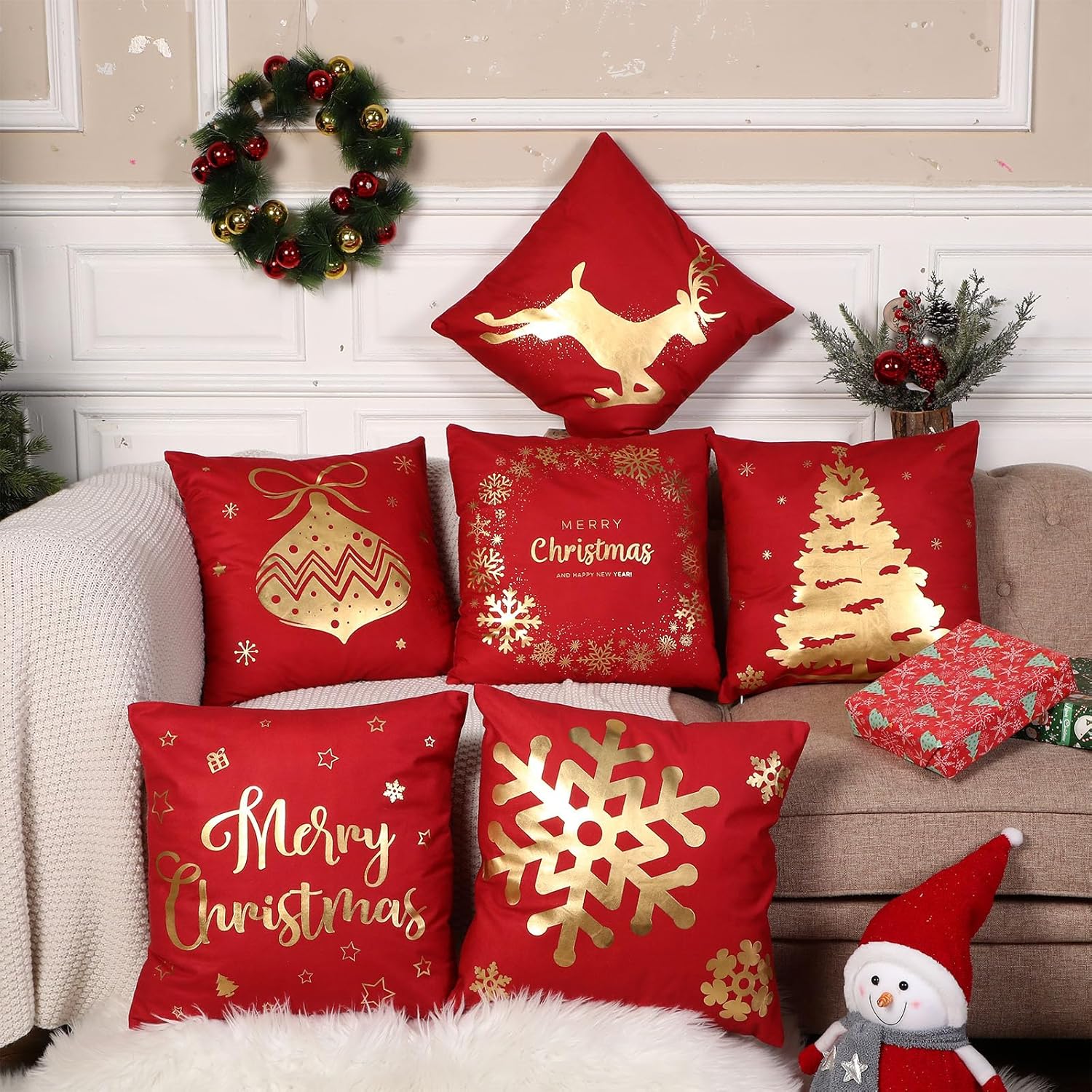 Tatuo Christmas Pillow Covers 18 x 18 Set of 6 Christmas Decoration Throw Pillow Covers Winter Holiday Decor Cushion Cases for Sofa Couch Bedroom Xmas Tree Snowflake Reindeer(Red, Gold)