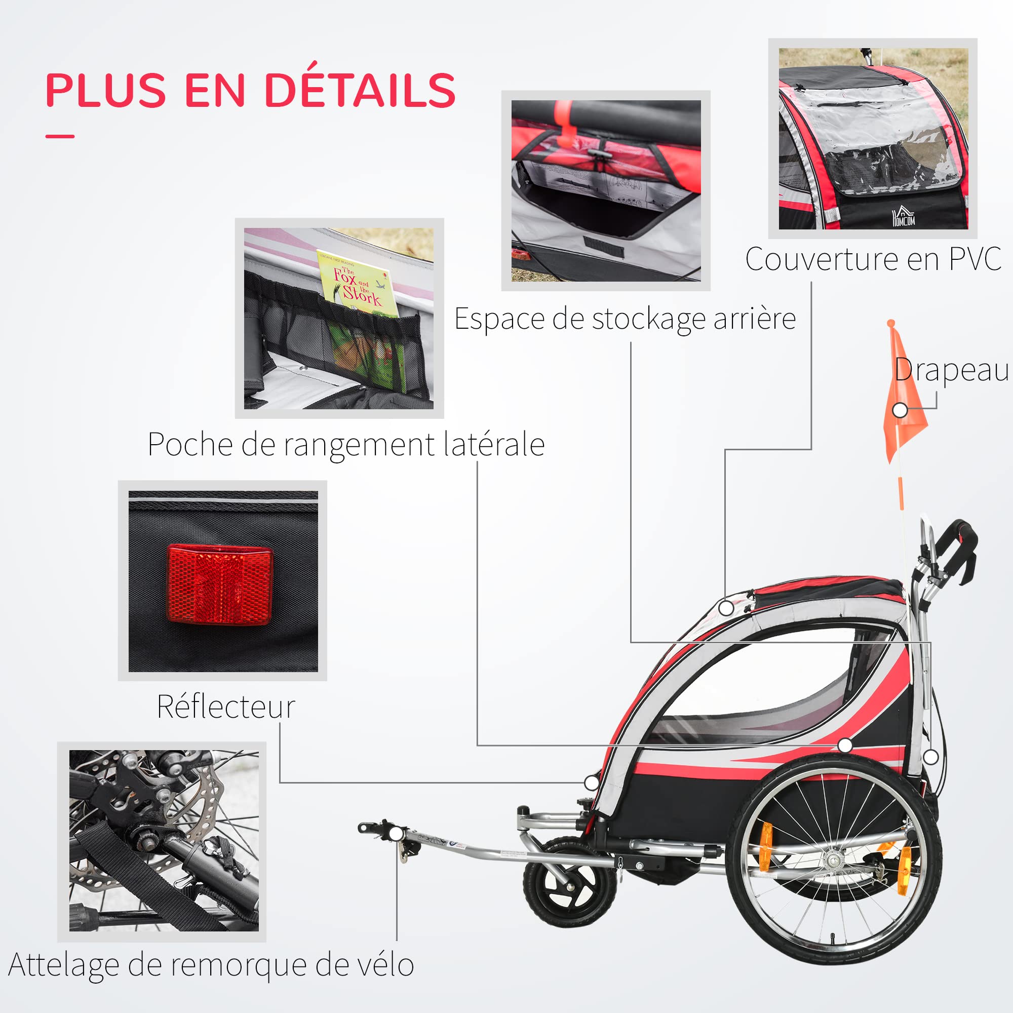 HOMCOM Remorque vélo pour Enfant 2 en 1 Convertible Jogger Poussette capacité 26,4 kg avec réflecteurs et Drapeau - 2 Places