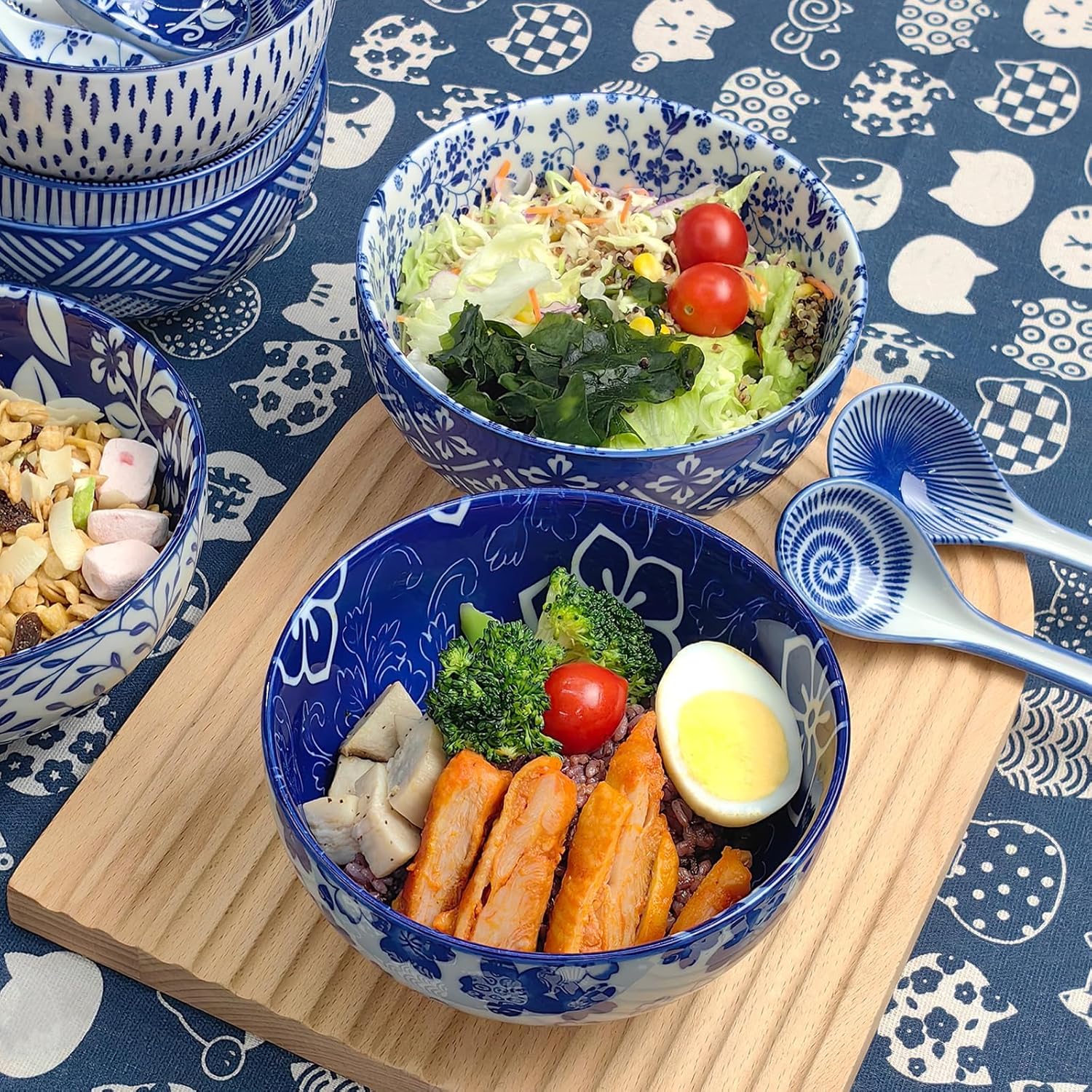 Japanese Ceramic Bowls Set of 6, 28 Oz Large Asian Porcelain Ramen Soup Salad Cereal Noodle Bowl with 6 Spoons, Deep Bowl for Kitchen Decor and Housewarming Gift, Dishwasher & Microwave Safe