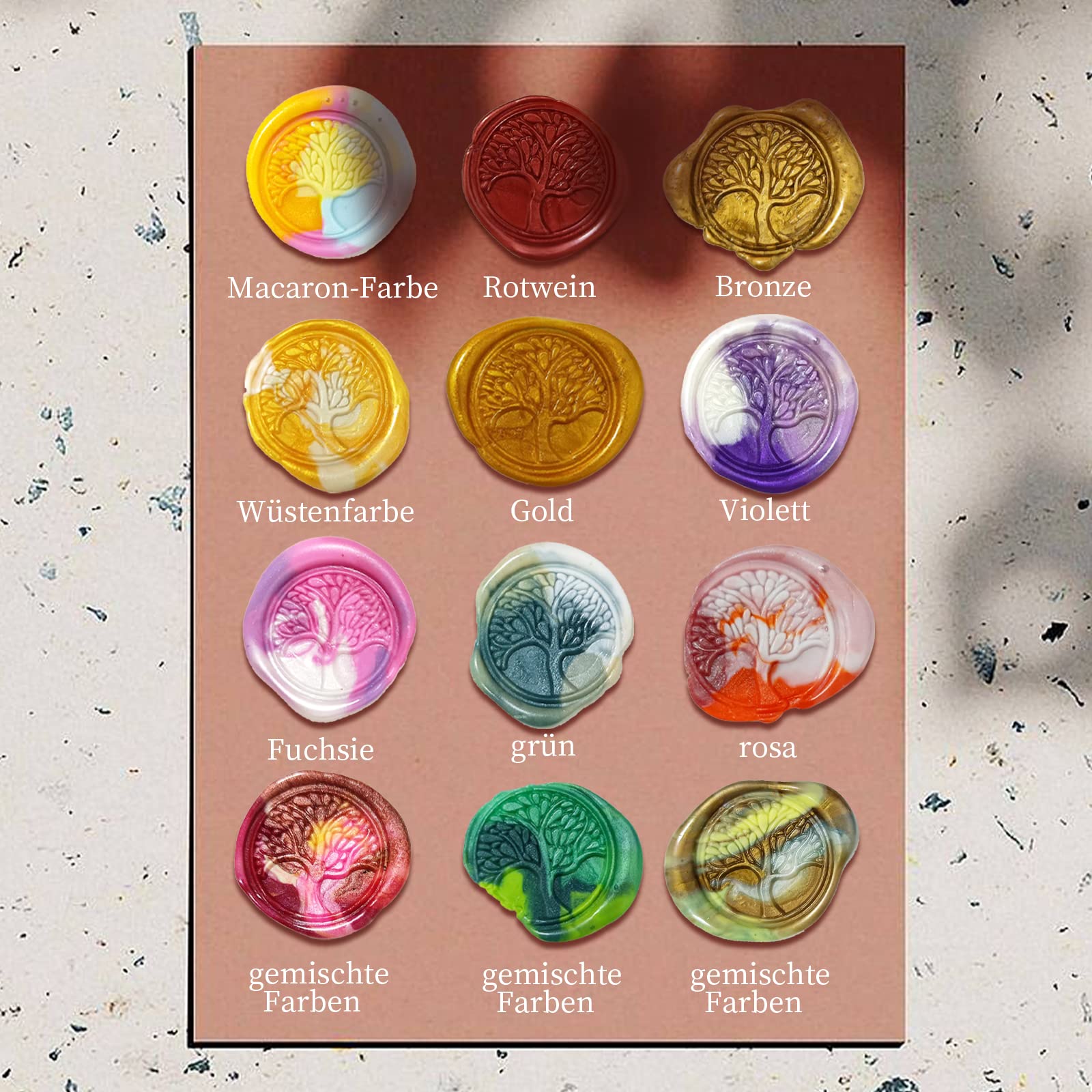 Zestaw pieczęci woskowych, 200 sztuk wosku do pieczęci, 1 stempel drzewa życia, 1 łyżka do wytapiania, 2 podgrzewacze, do lakieru, pieczęci, w stylu vintage, do listu, zaproszenia (I)