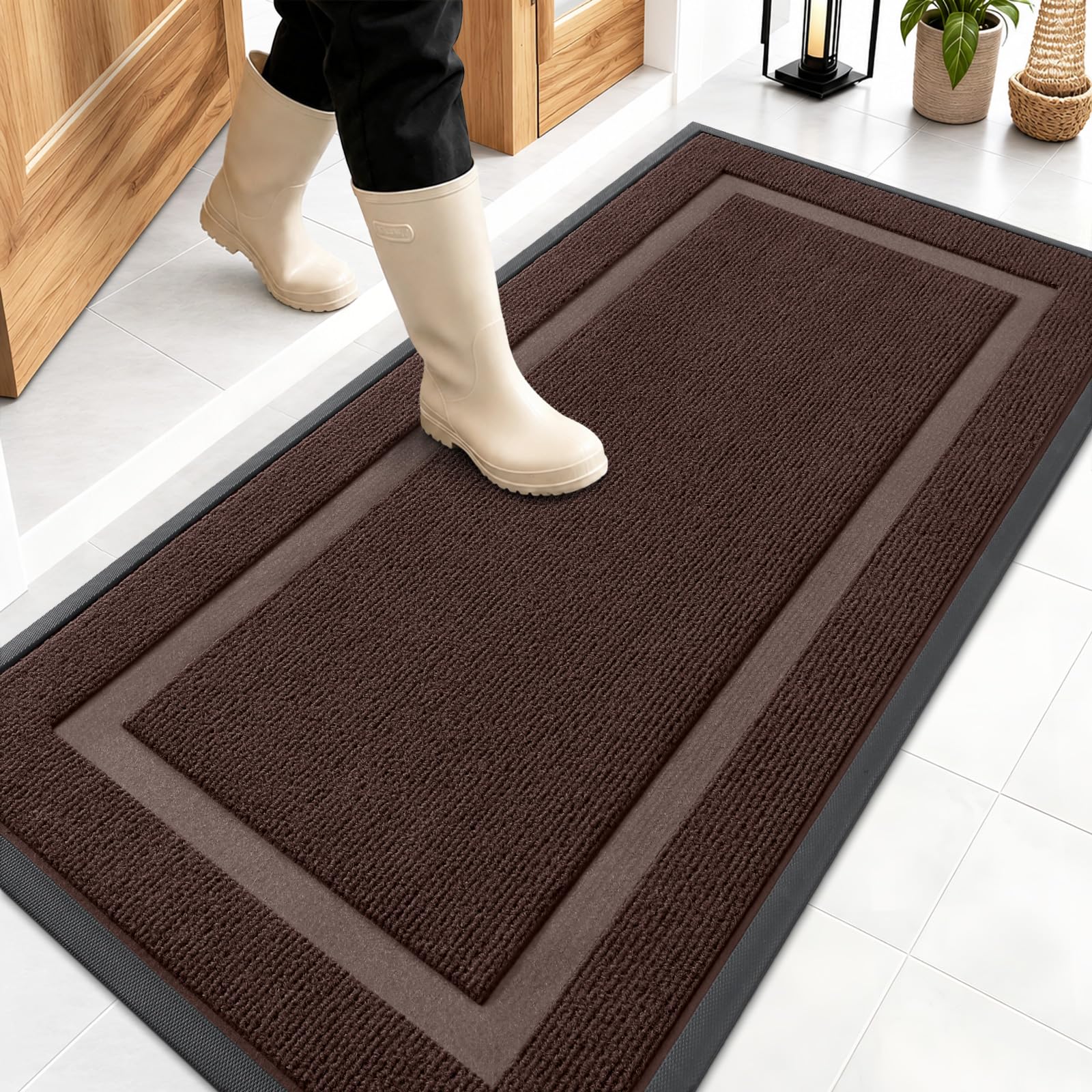 OLANLY Front Door Mat Outside 47x23, All-Season Heavy-Duty Rubber Doormat | Dark Brown, Absorbent, Stain Fade Resistant, Waterproof Non-Slip Backing, Low-Profile Indoor Outdoor Floor Mat for Entryway