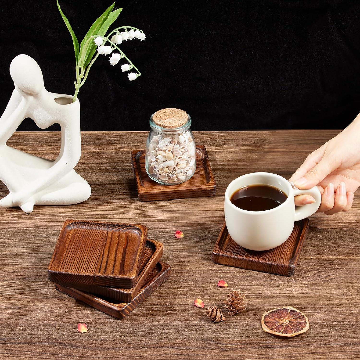 Wooden Coasters for Drink-Coasters Set of 8,Acacia Wood Drink Coasters Set for Coffee Table Decor, Modern Cup Coaster for Kitchen Accessories Cute Beer Bar Decorative Rustic Outdoor Coasters - Image 6