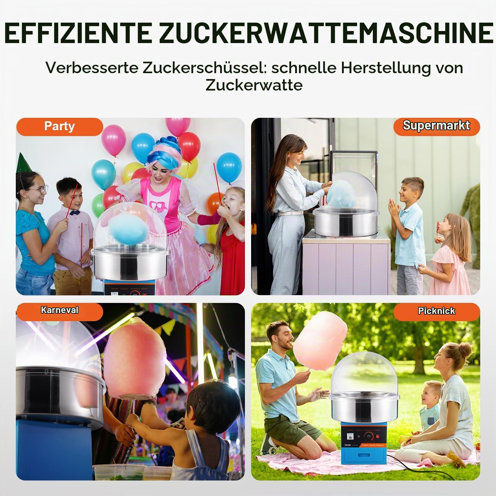 VEVOR Elektrische Zuckerwattemaschine, 1 kW Zuckerwattegeräte, Kommerzielle Zuckerwattemaschine mit Abdeckung, Edelstahlschüssel, Zuckerschaufel, Schublade, für Kindergeburtstage, Familienfeiern, Blau