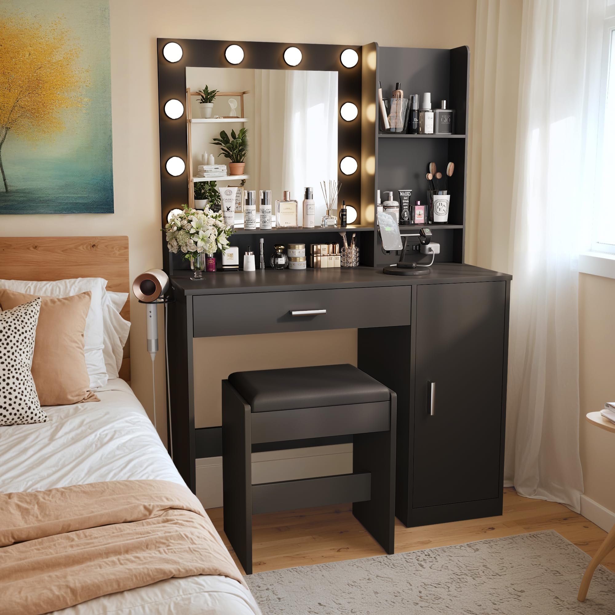 YESHOMY Vanity Desk with LED Lighted Mirror, Makeup Table with Hairdryer Holder and Power Outlet, Dresser with Drawer and Cabinets, 3 Lighting Modes with Adjustable Brightness, for Bedroom, Black