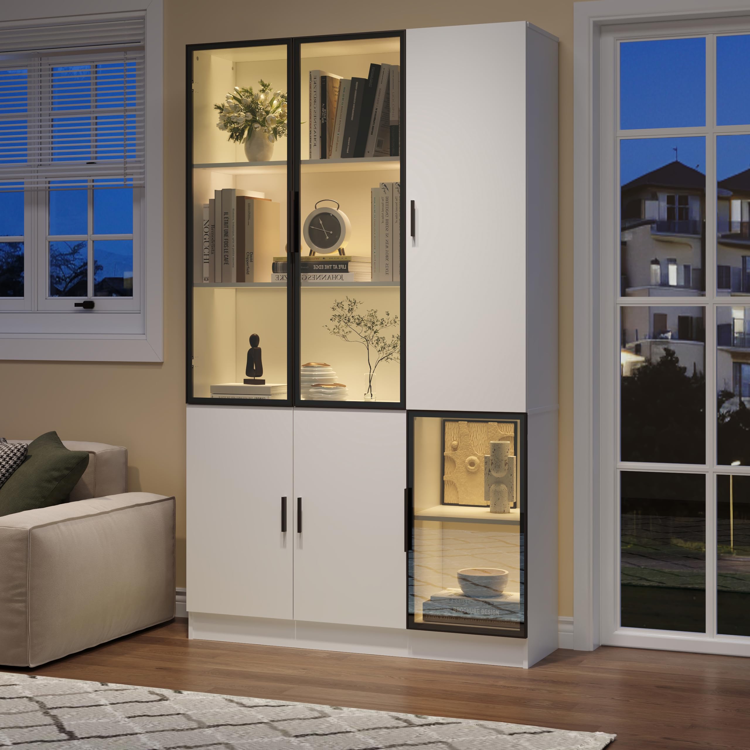 SUKY Vetrina in vetro, 120 x 35 x 200 cm, vetrina in vetro, altezza 200 cm, con luci a LED, multiStorage, libreria con porta in vetro con telaio in alluminio