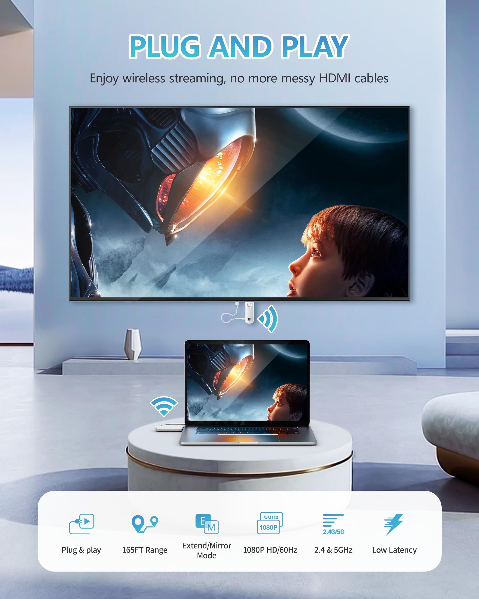 Trasmettitore wireless HDMI ricevitore decodifica 4K, Ultra Low Latency 5G, Wireless HDMI Display Extender 1080P per streaming video audio file da laptop/fotocamera/PC/Box a HDTV/proiettore/monitor