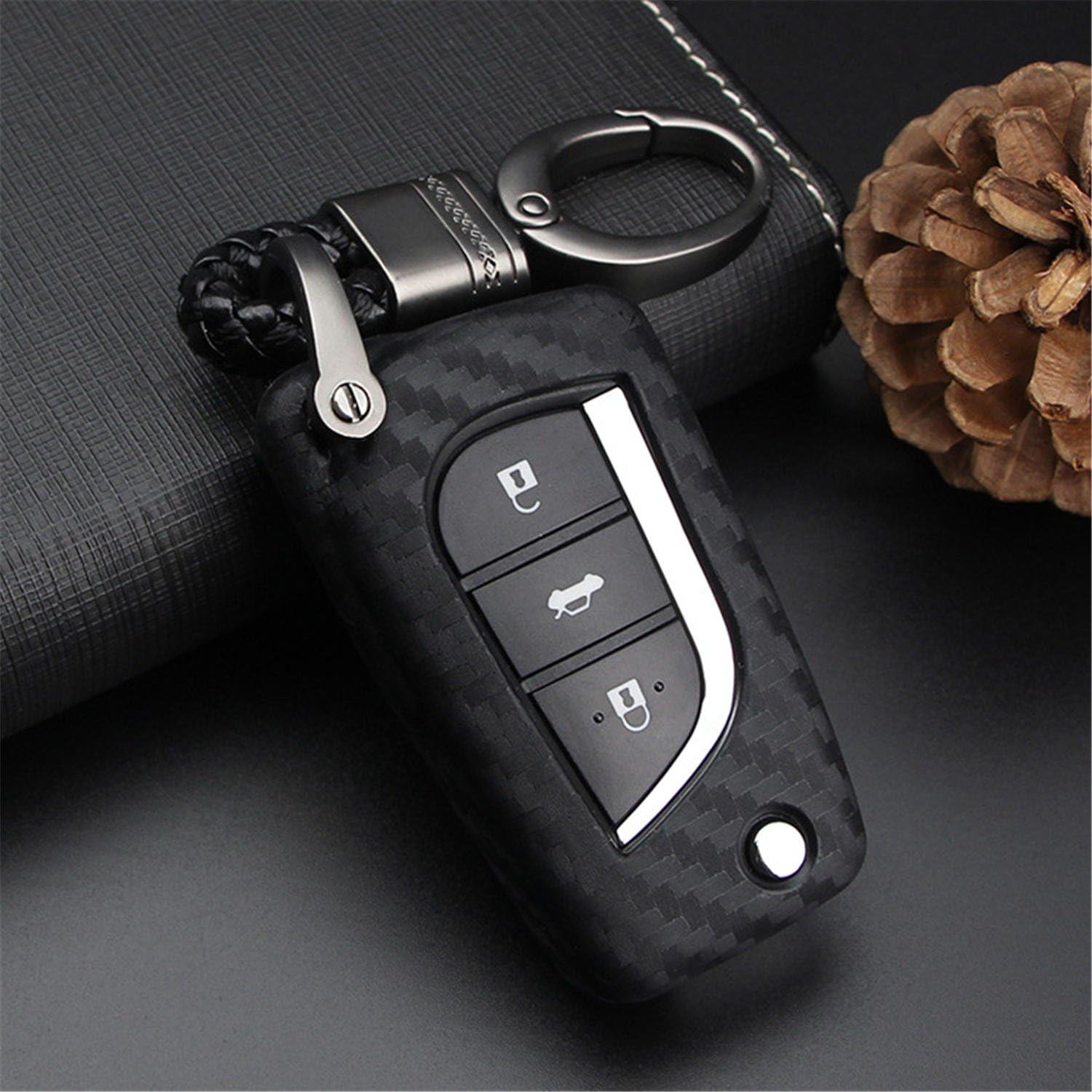 Soft Silicone Rubber Carbon Fiber Texture Case Key Fob Cover For Toyota 4Runner Avalon C-HR Camry Corolla Fortuner Highlander Levin RAV4 LE Sequoia Sienna Tacoma Tundra Yaris Car Key - Black