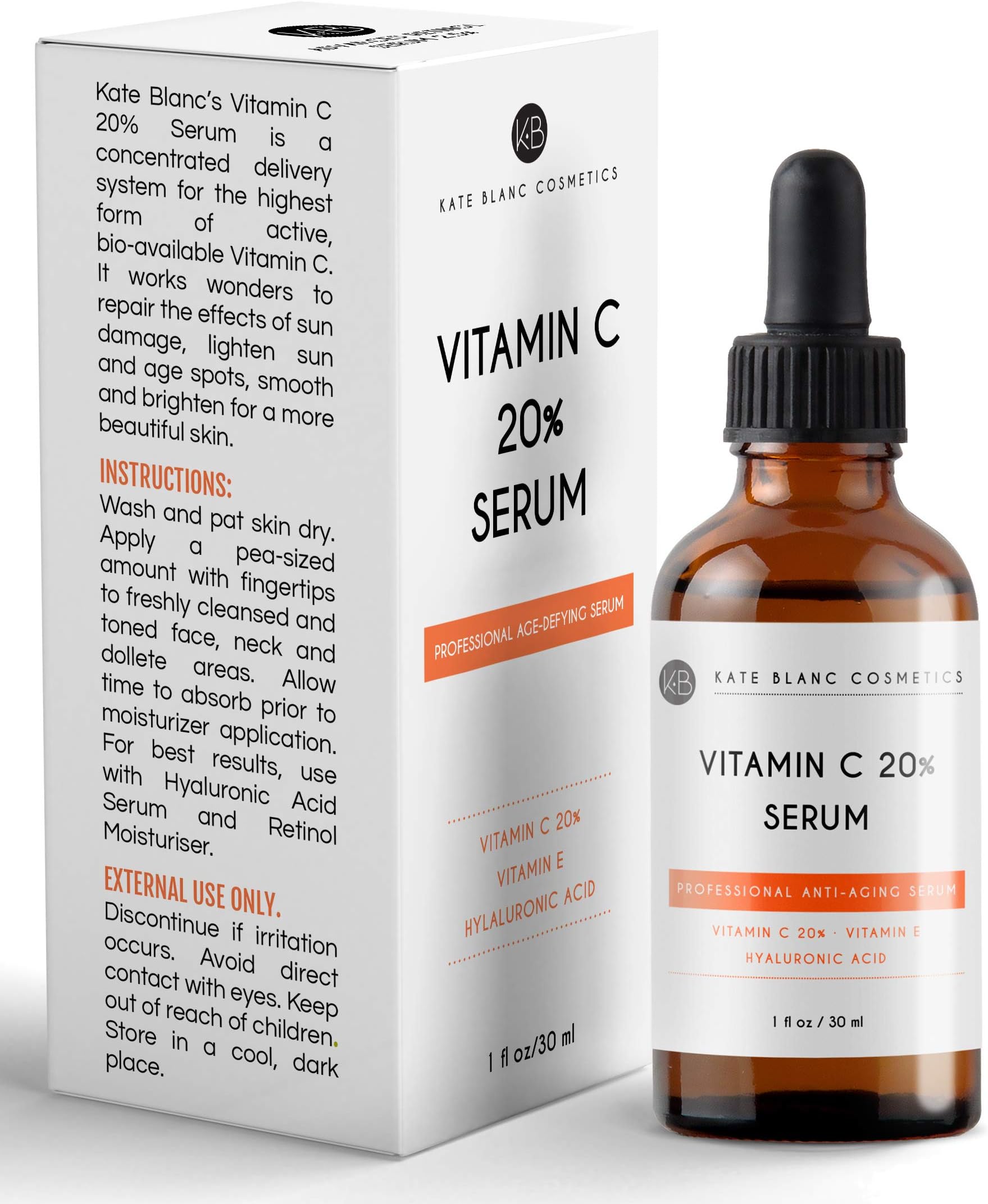 Vitamin C Serum for Face 20% with Hyaluronic Acid & Vitamin E by Kate Blanc. Anti-aging Facial Oil to Reduce Appearance of Fine Lines, Wrinkles, Dark Spots, Scars, Acne. Tighter, Toned Skin. (1 oz)