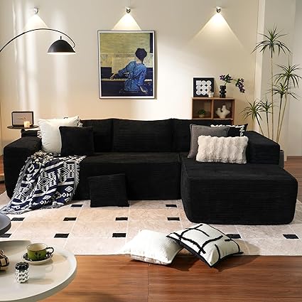 ovios 104" Cloud Sectional Couch with L-Shape Chaise,Modern Modular Sofa with Deep Seat, Upholstered Couches for Living Room Bedroom,No Assembly Required, Black (Corduroy Fabric)
