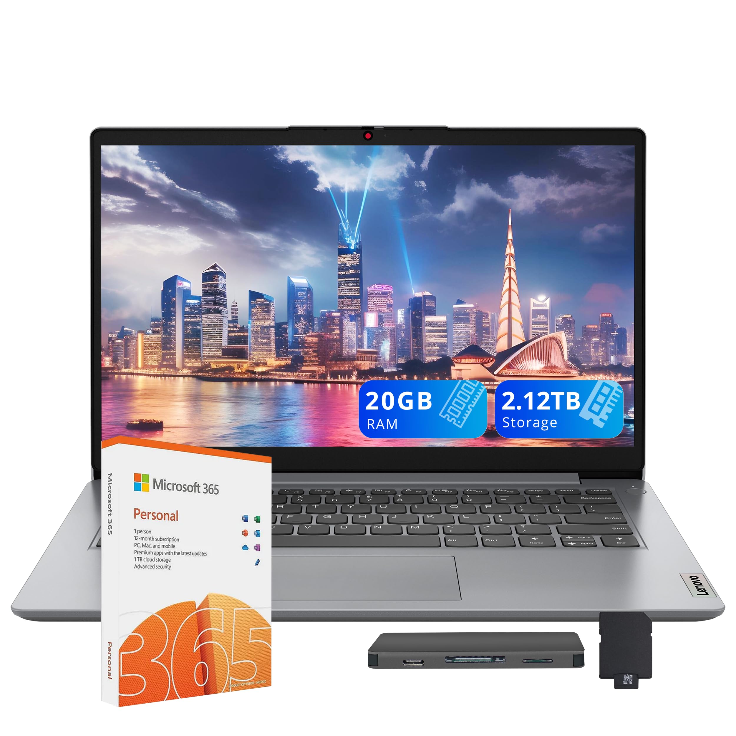 Lenovo IdeaPad 1i 14" HD Business Laptop with 1 Year Office 365, Intel Celeron N4500, 20GB RAM, 2.12TB Storage (128GB eMMC+1TB SSD+1TB Docking Station), Intel UHD Graphics, HD Webcam, Win 11 Pro, Gray