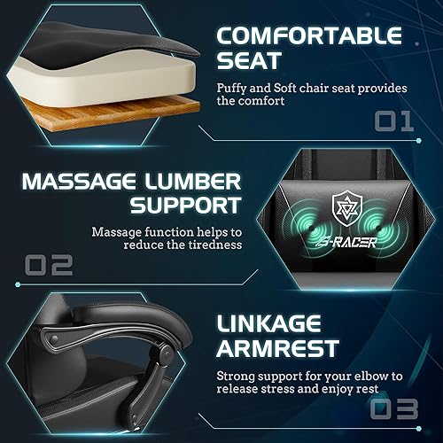 Vista 5 de Homall Silla de juegos con masaje y reposapiés, silla ergonómica de oficina para computadora, silla reclinable de estilo de carreras de respaldo