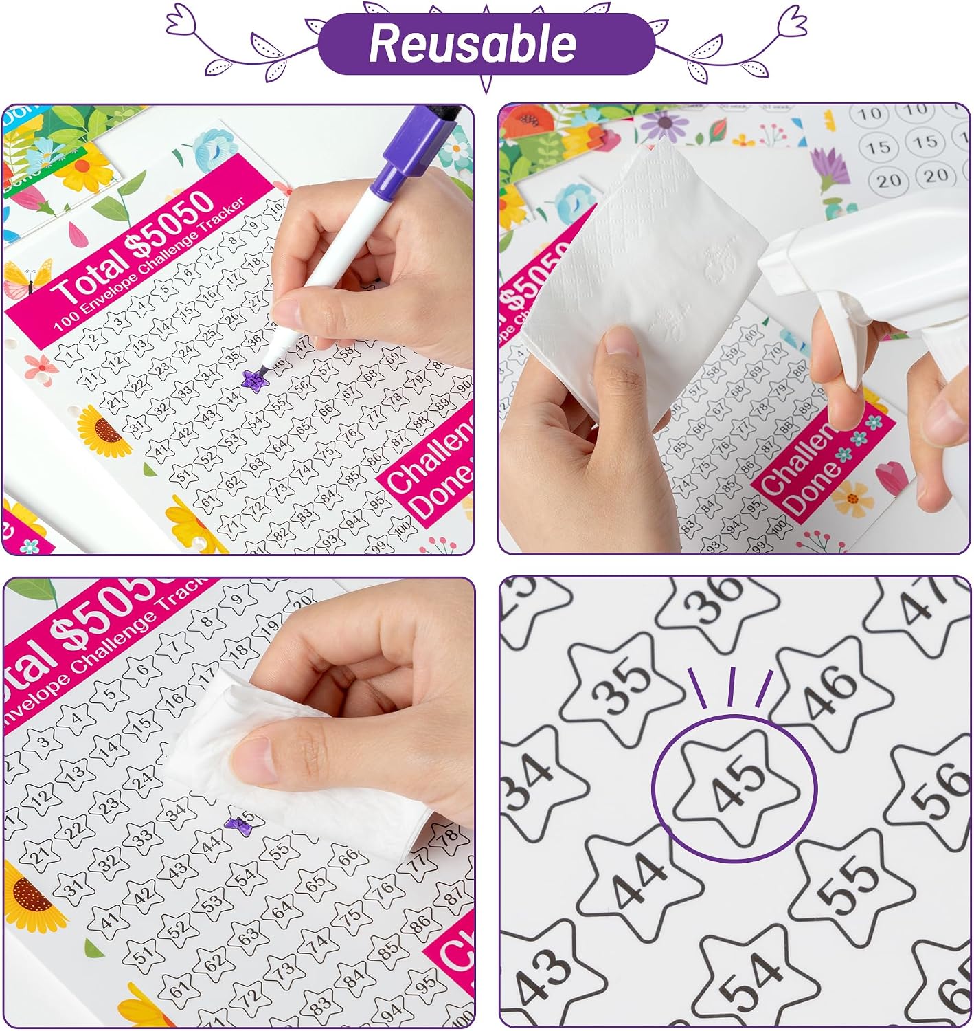 20 Sheets Money Saving Challenge Binder Trackers, Reusable Challenge Tracker Cards for 6 Ring A5 Binder, 4 Styles of Budget Cards for Savings Cash Journey Planner Money Saving Binder image 4