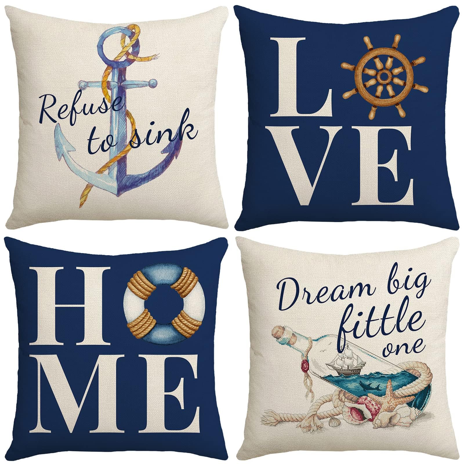 MAKINGTECThrow Pillow Covers 18x18 Nautical Pillow Cover, Farmhouse Summer Decorative Pillow Cover Set of 4, Navy Blue Linen Couch Pillows Covers for Living Room Sofa Bed Home Decor