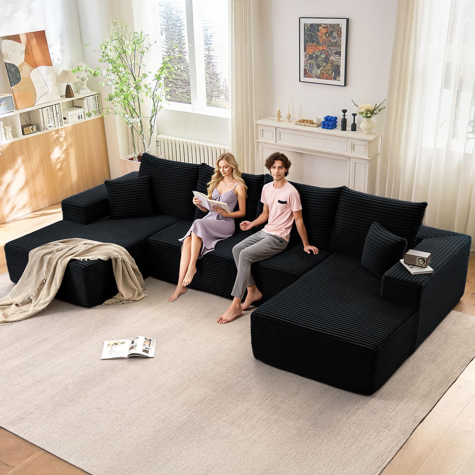 Oversized Modular Sectional Sofa Couch, Large 4 Seater Corner Sofa Modern U Shaped Sectional Couch Cloud Couches for Living Room, Office, Spacious Space, Corduroy, No Assembly Required, Black