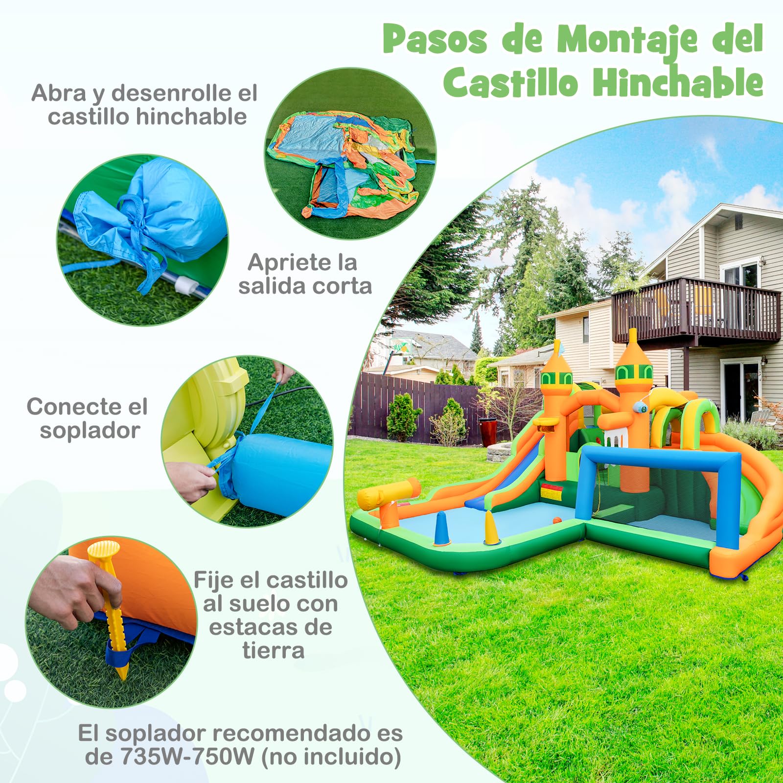 GOPLUS Castillo Hinchable 9 en 1 con 2 Toboganes, Piscina, Aro de Baloncesto, Juego de Gancho, Zona de Rebote, Pistola de Agua, Pared de Escalada, Casa de Salto Húmeda y Seca (sin Soplador)